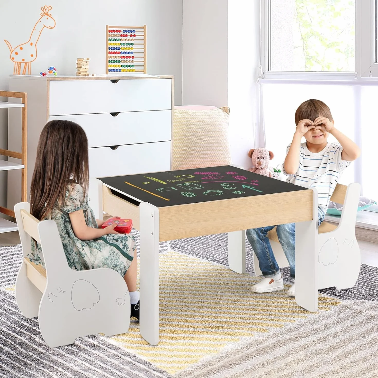 RELAX4LIFE 4 en 1 Juego de Mesa y 2 Sillas Infantil con Pizarra, Pizarra Blanca y Espacio Almacenamiento, Mesa Reversible con Tablero Extraíble para Dibujar, Pupitres para Niños 3-6 Años (Blanco)