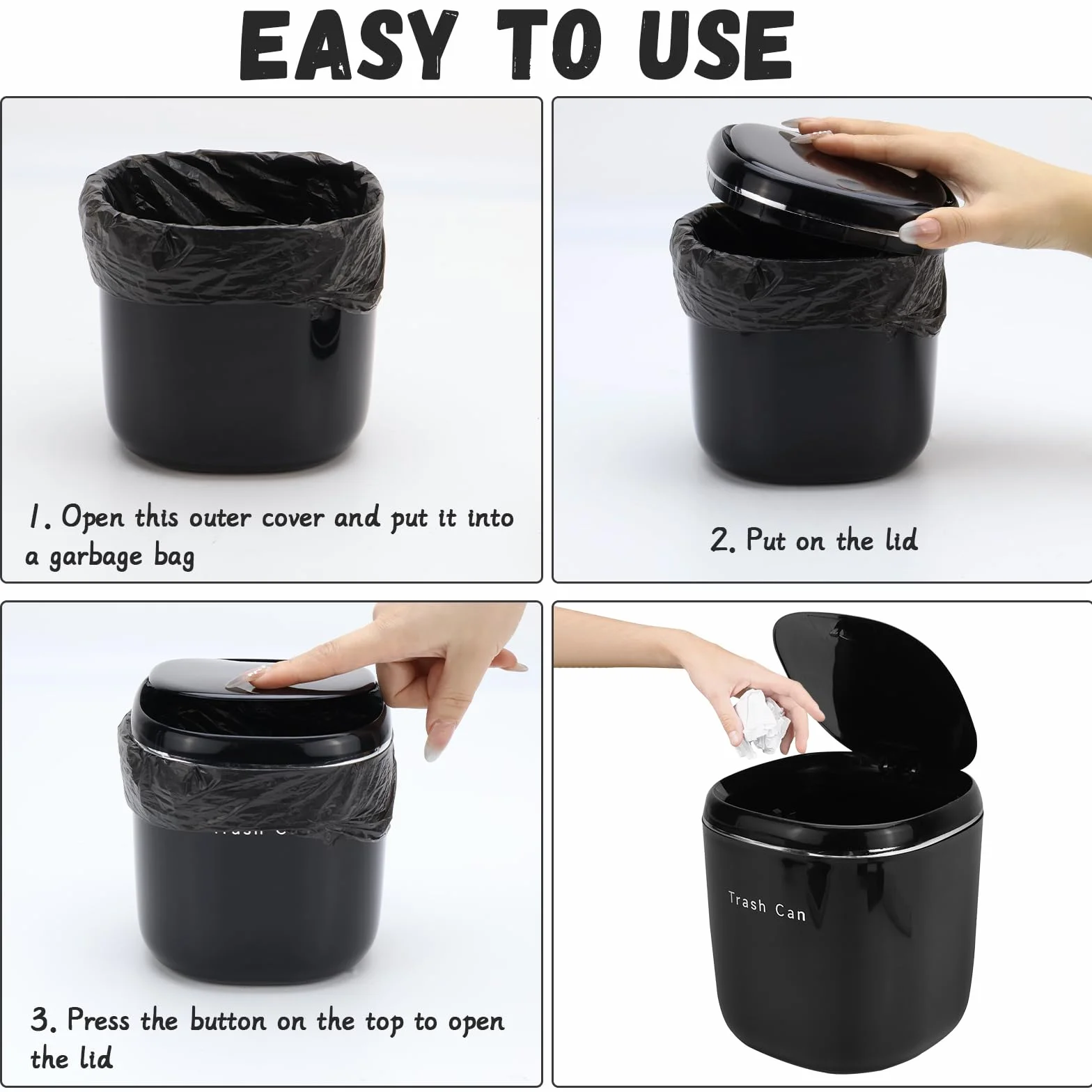 FAELNK Cubo Basura Pequeño Mini Papelera Escritorio con Tapa Negro 2,5 L para Dormitorio Baño Oficina Contenedor de Cosméticos Cenicero con 2 Rollos de Bolsas de Basura