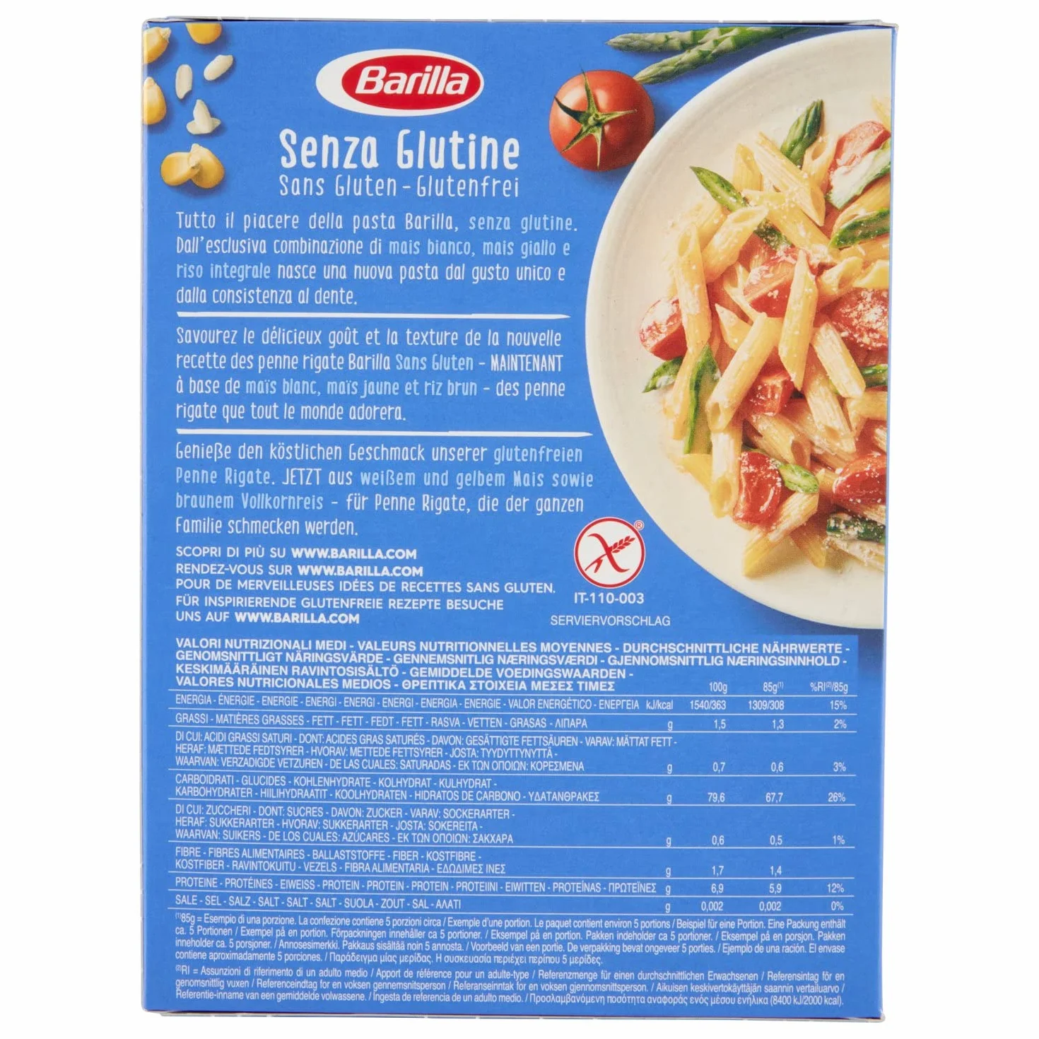 Barilla Penne Rigate sin gluten Maíz y arroz integral 400g