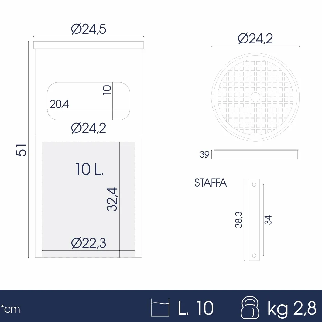 Danieli Store | Papelera y Cenicero Exterior para Pared 10L ø24,5x51 cm | En Acero Fácil de Vaciar con Bandeja Recoge Cenizas | Kit de Fijación a Pared Incluido