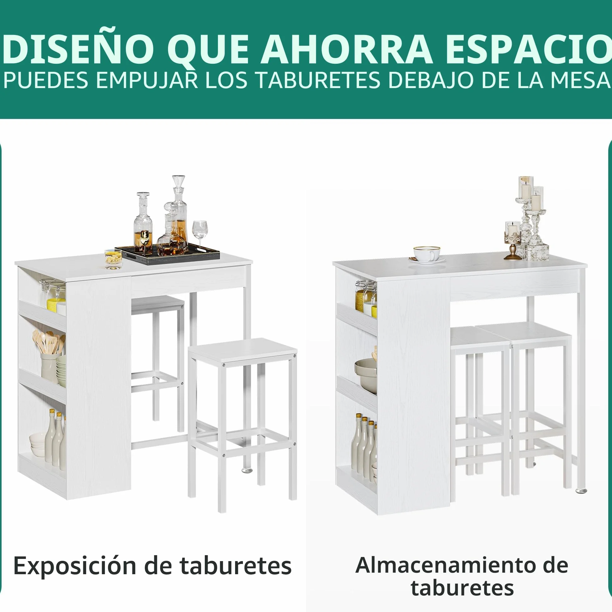 YITAHOME Juego de Mesa de Bar con taburetes de Bar, Mesa de Bar de 3 Piezas, Mesa de Comedor con 2 taburetes, 3 estantes, Taburete de Bar con Marco de Metal, Blanco
