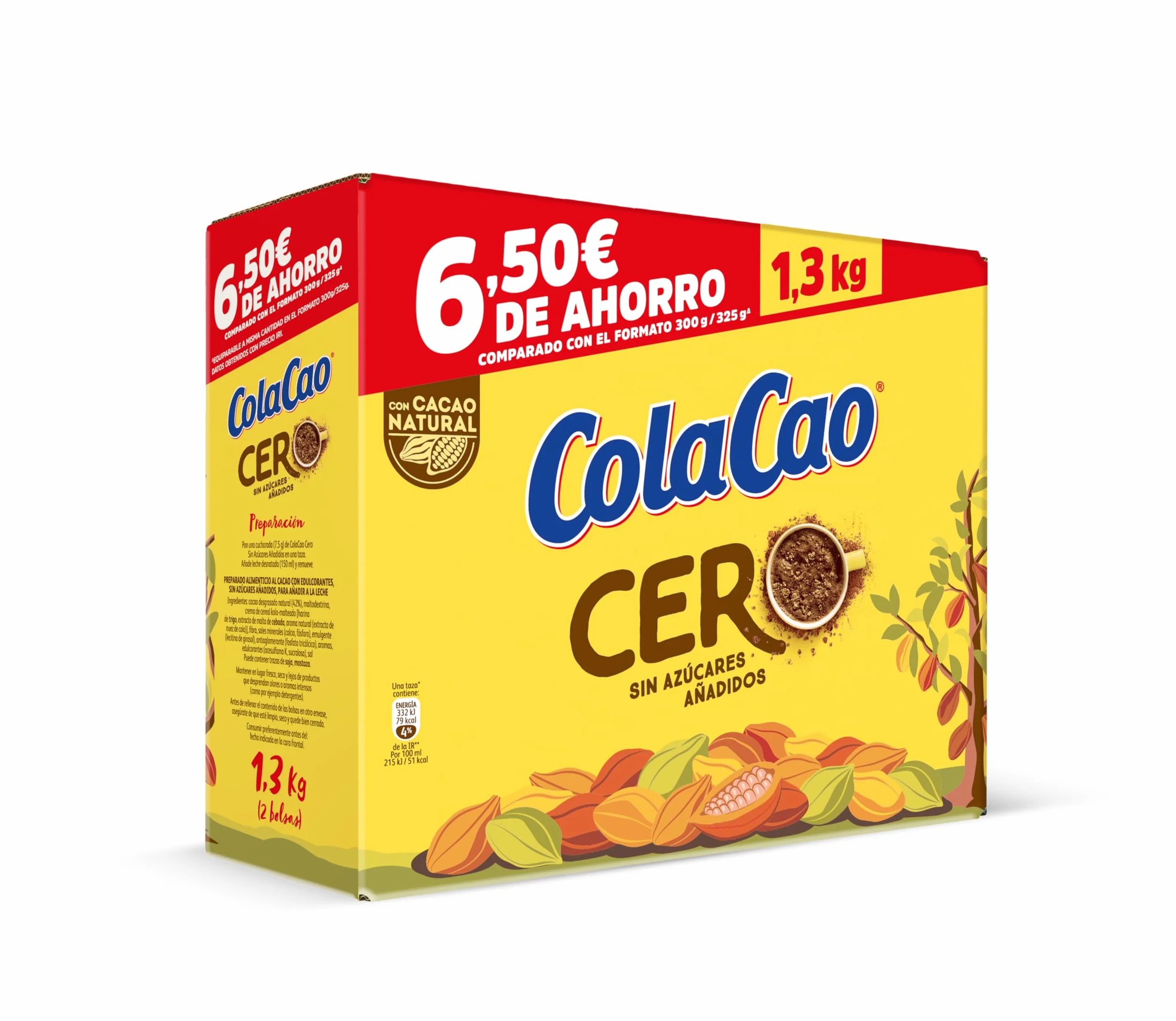 ColaCao Cero Cacao Soluble sin Azúcares Añadidos 1,3 kg 92 Raciones
