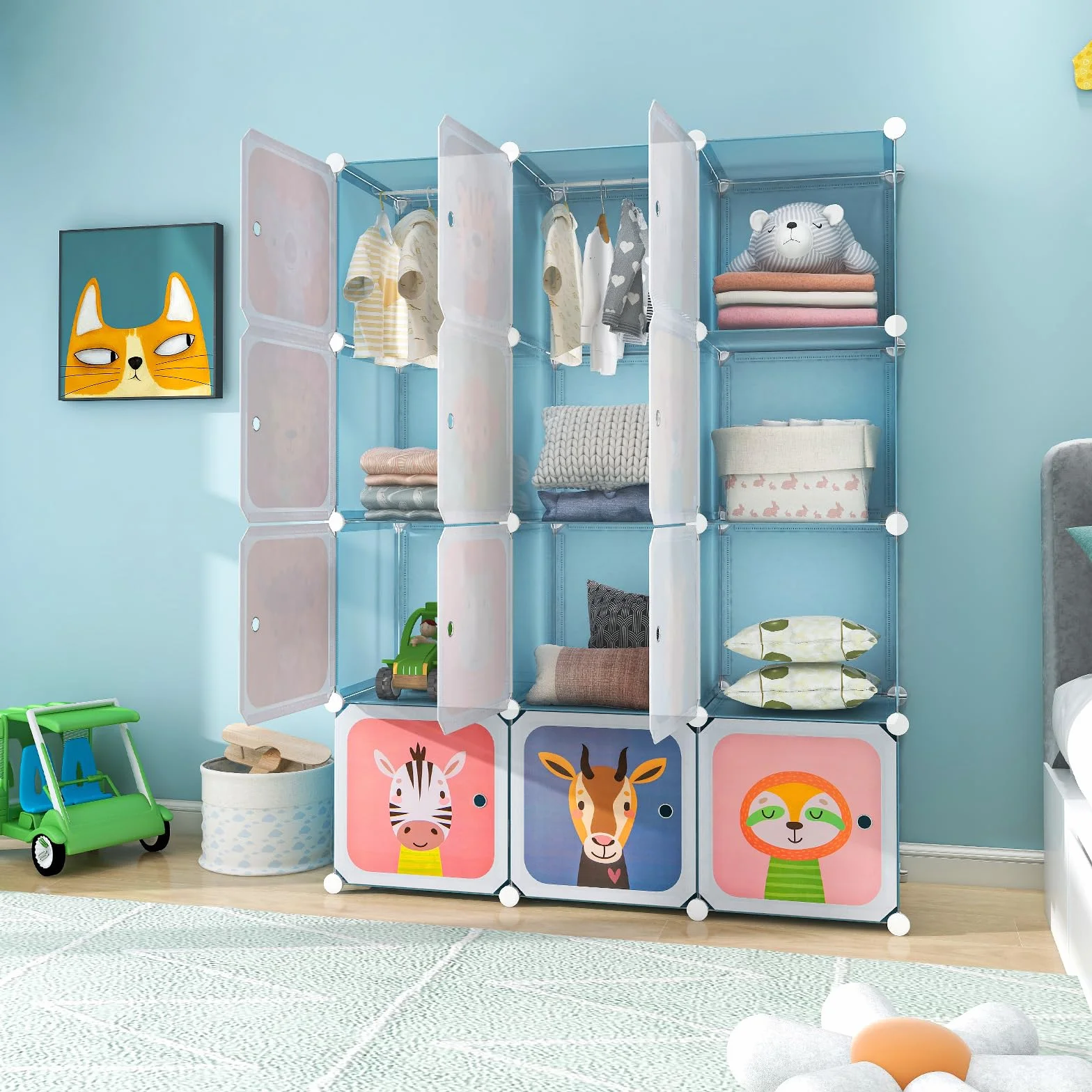 RELAX4LIFE Armadio Modulare a 12 Cubi per Bambini con 2 Barre Appendiabiti, Mobile Salvaspazio per Cameretta, Portata 10 KG per Cubo, Azul Animal