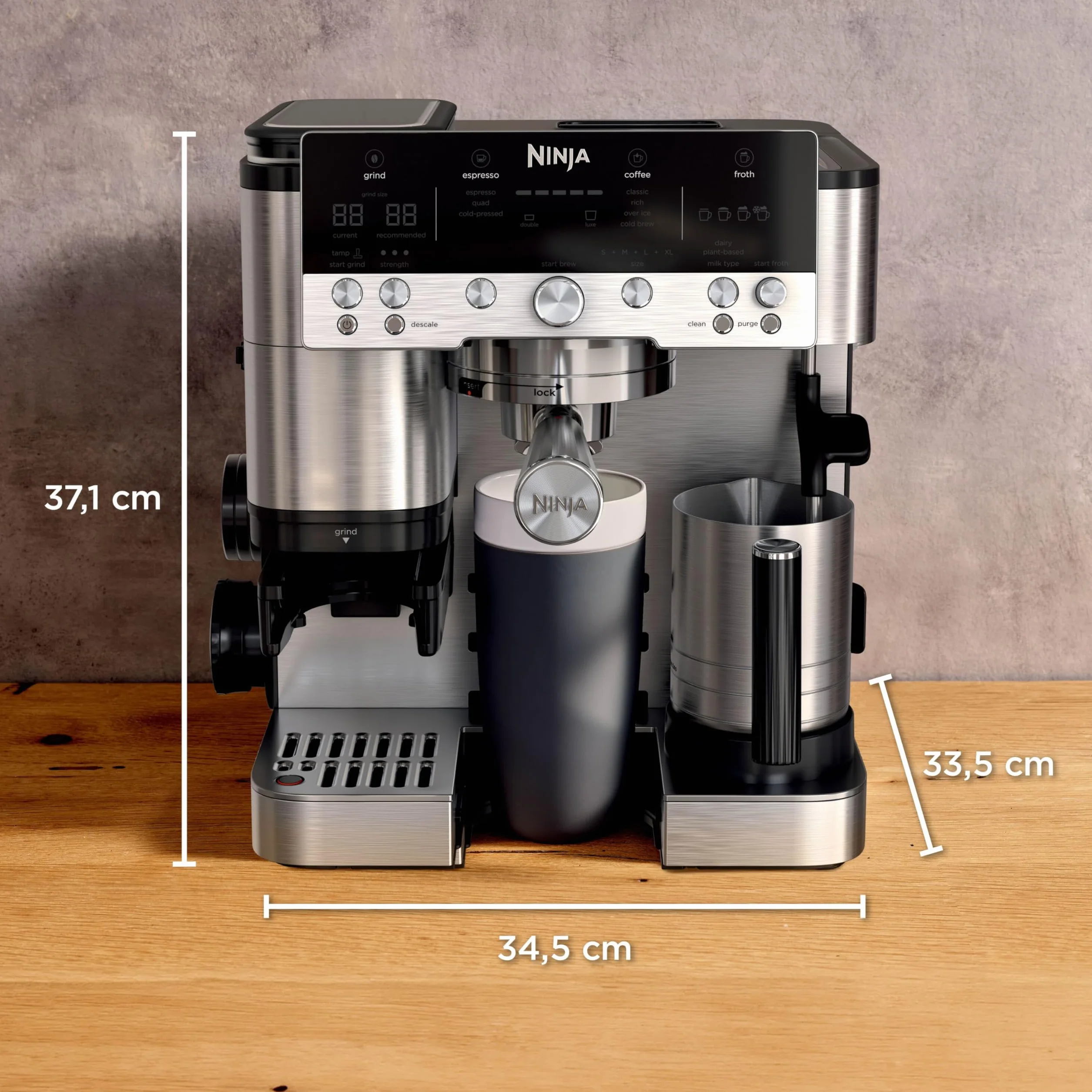Ninja Luxe Premier Cafetera 3 en 1 Espresso Cold Brew Café Filtro Molinillo Espumador 25 Ajustes Molienda Plata ES601EU