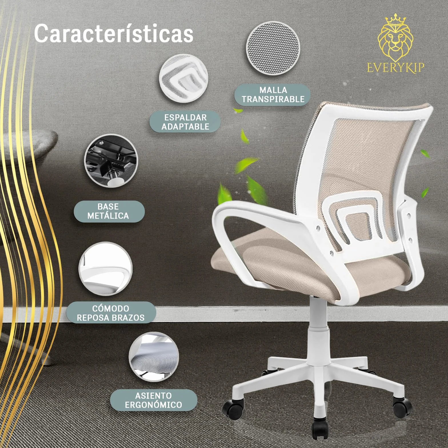 EveryKip Original® Silla Escritorio Ergonomica Ajustable con Apoyo Lumbar| Ruedas Anti-Arañazos 360° | Sillas Oficina Ejecutiva Transpirable | Office Chair (Beige)