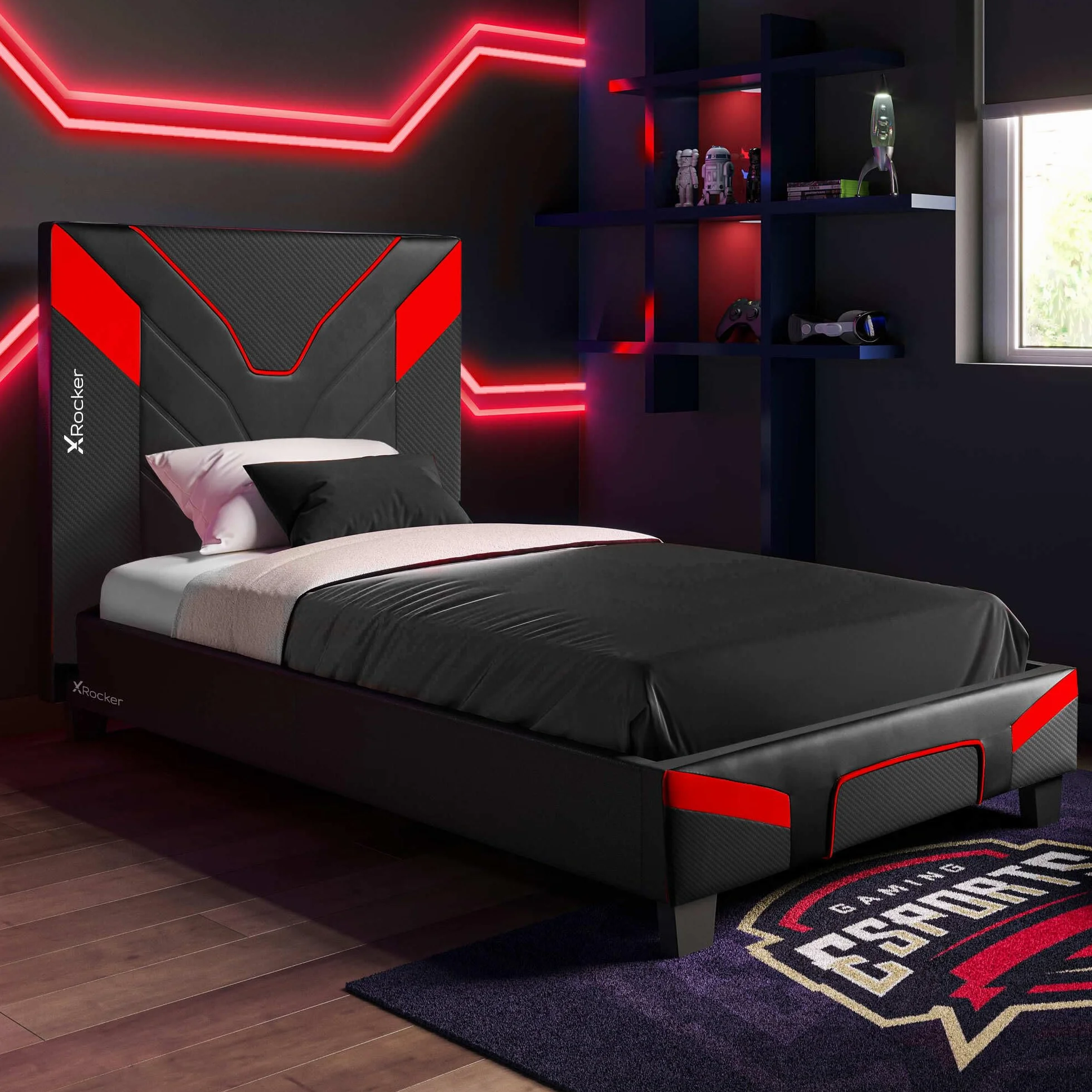 X-Rocker Cerberus MKII - Marco de cama individual tapizado para juegos, paquete plano para un fácil montaje, comodidad transpirable, listones de madera, piel sintética fácil de limpiar, para niños y