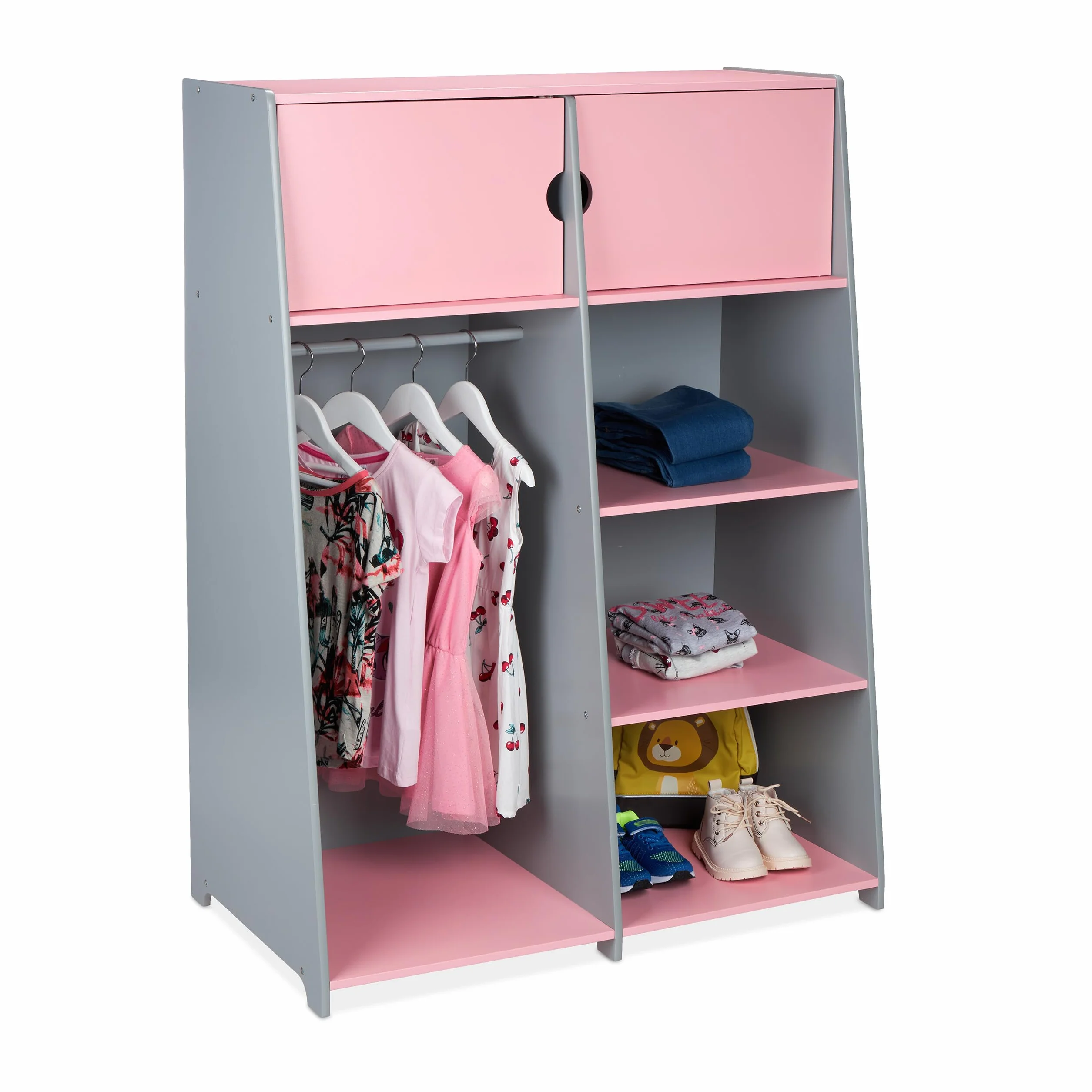 Relaxdays Armario Ropero Infantil con Cajones 120x90x48 cm MDF Gris y Rosa