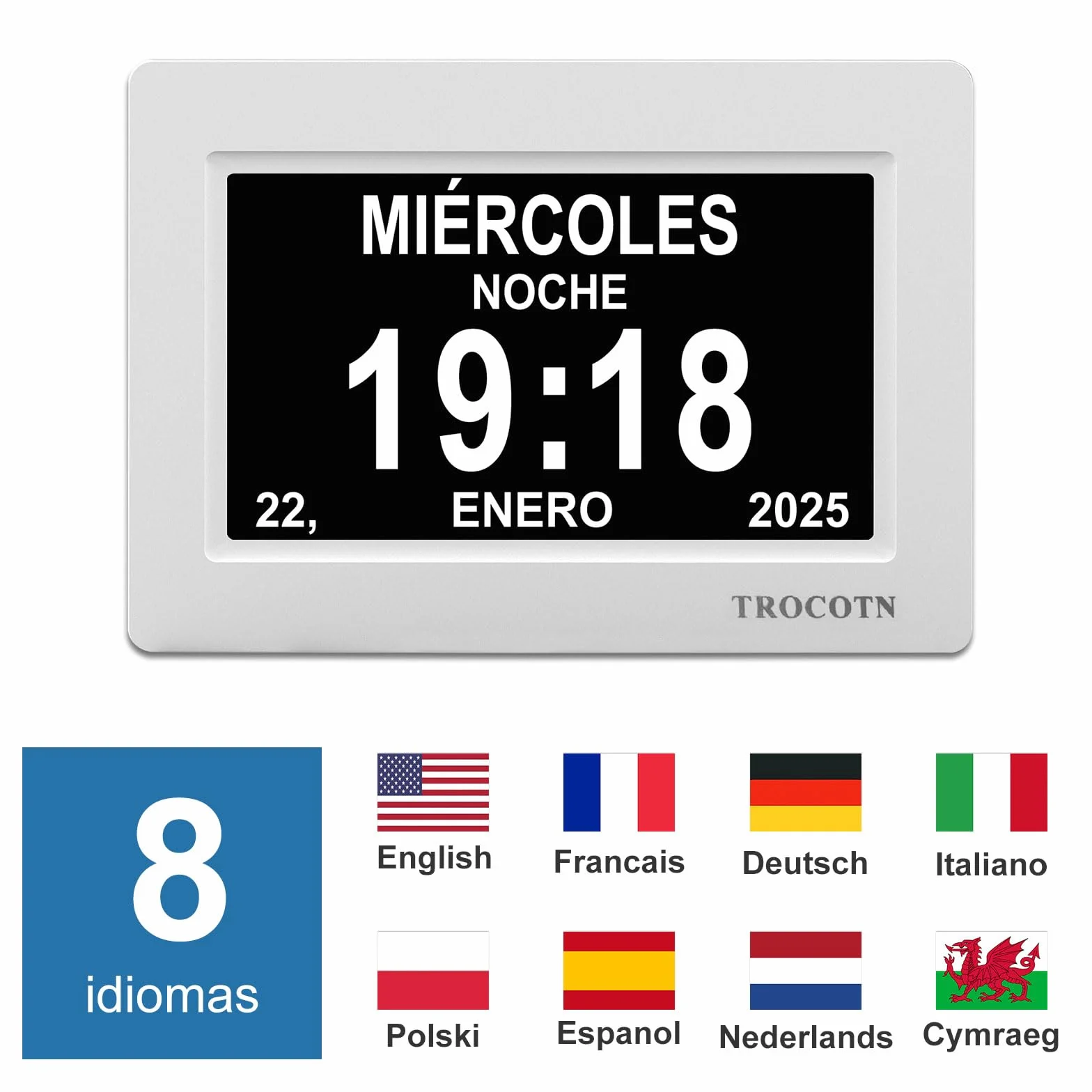 TROCOTN Reloj Digital de 7 Pulgadas, Calendario, Pantalla Grande, Despertador de Pared (Blanco)
