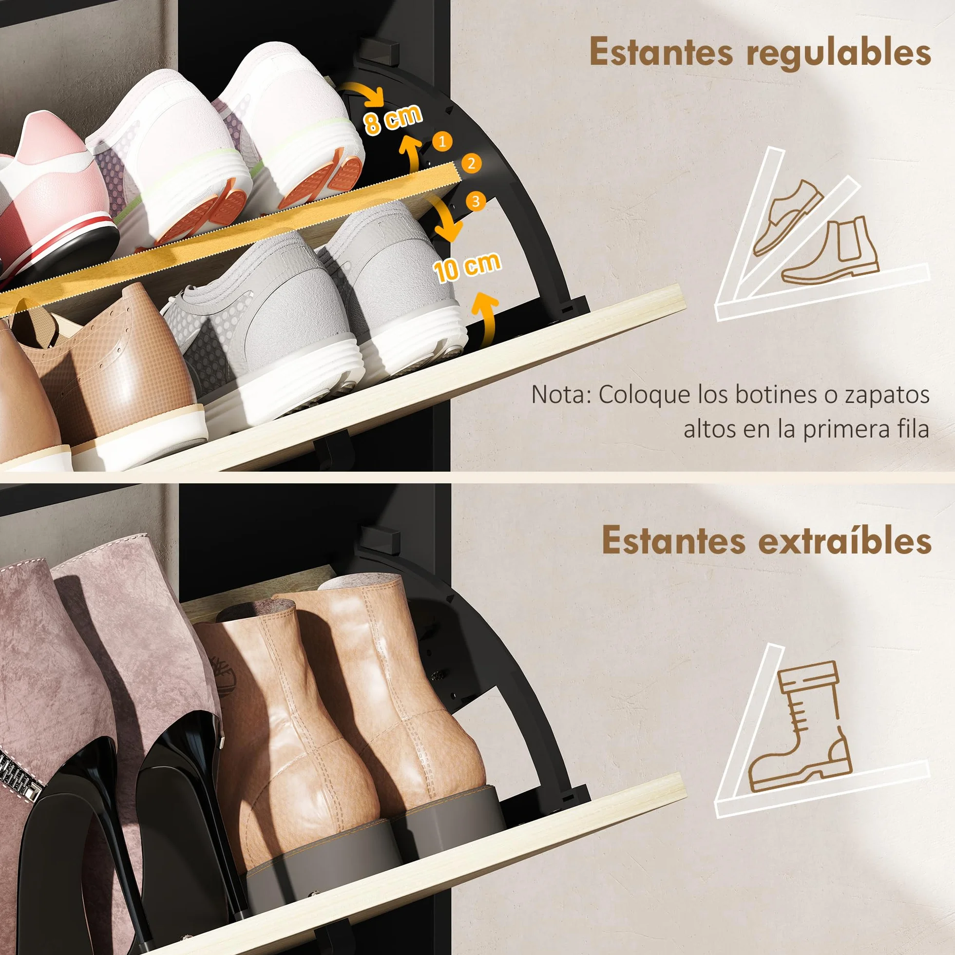 HOMCOM Zapatero Estrecho 2 Puertas, Zapatero Entrada Recibidor con 3 Estantes Laterales y Estantes Ajustables, para 15 Pares de Zapatos, para Pasillo, Espacio Reducido, 83x24x90,5 cm, Natural y Negro