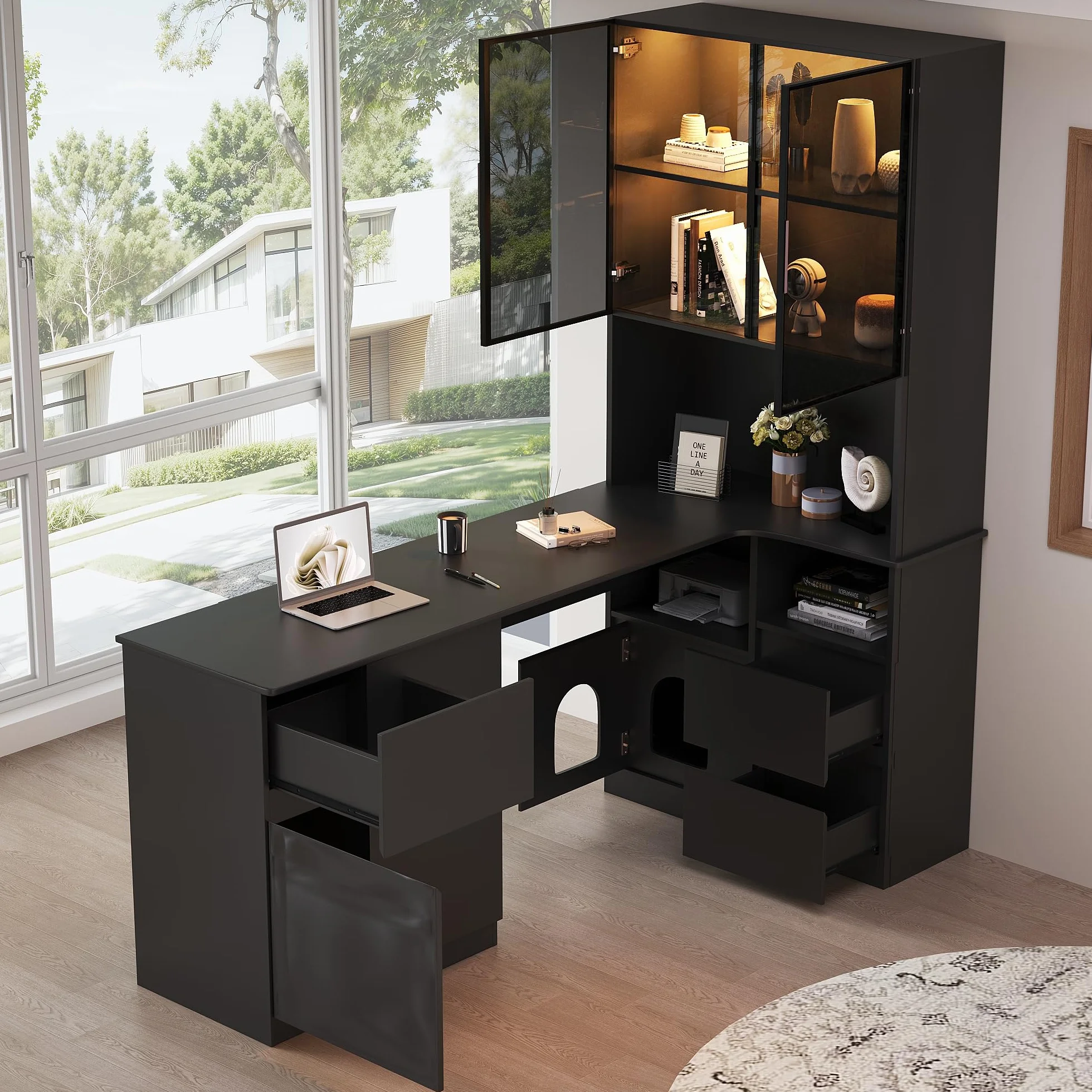 Escritorio de Esquina con Estante y Vitrina LED – Escritorio con gestión de Cables, Escritorio de Esquina con estantería integrada (Nero - Destra, 120×80×180 cm)