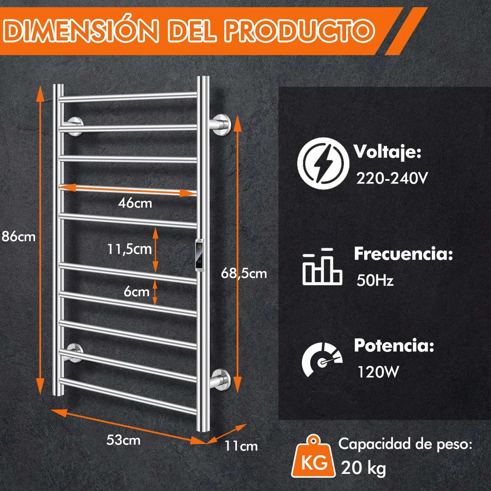 COSTWAY Toallero Eléctrico, Calentador de Toallas Montado en la Pared con Temporizador de 1-8H y Pantalla LCD, Calentador de Toallas de Baño de Acero Inoxidable, Plateado (120W, con 10 Barras)