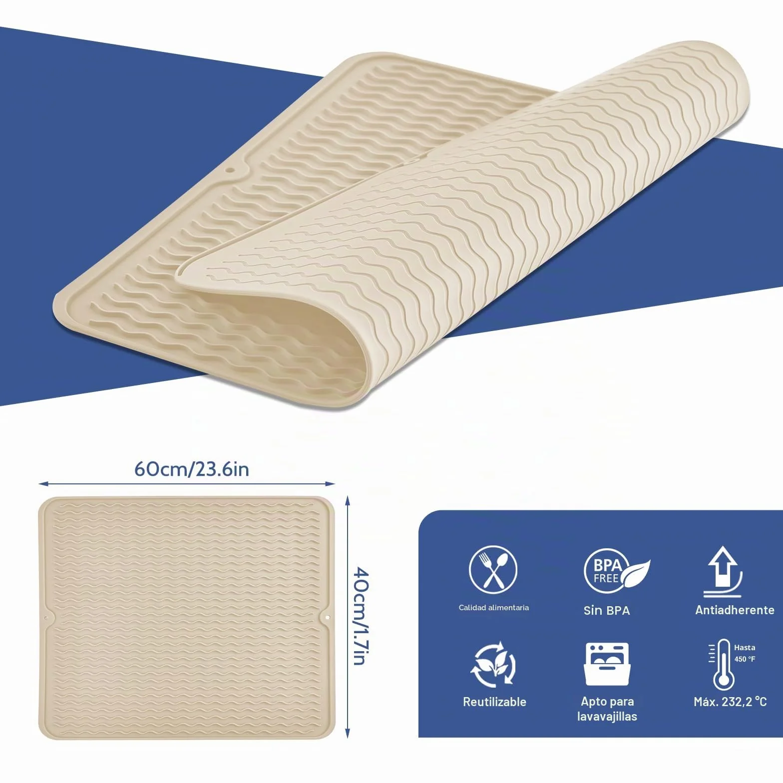 KitchenRaku Alfombrilla Escurreplatos de Silicona (Beige, 40x60cm)