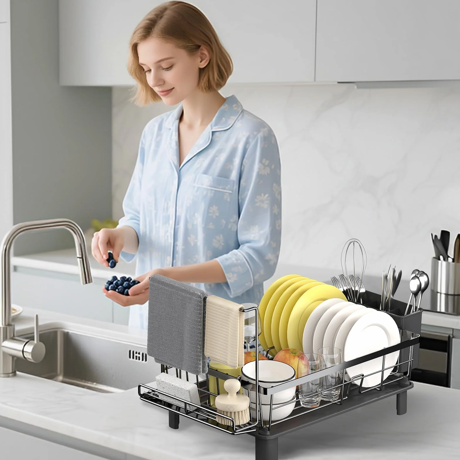 Escurridor de Platos Giratorio 360° con Drenaje Automático Extensible, Organizador de Cocina Ahorra Espacio, Negro
