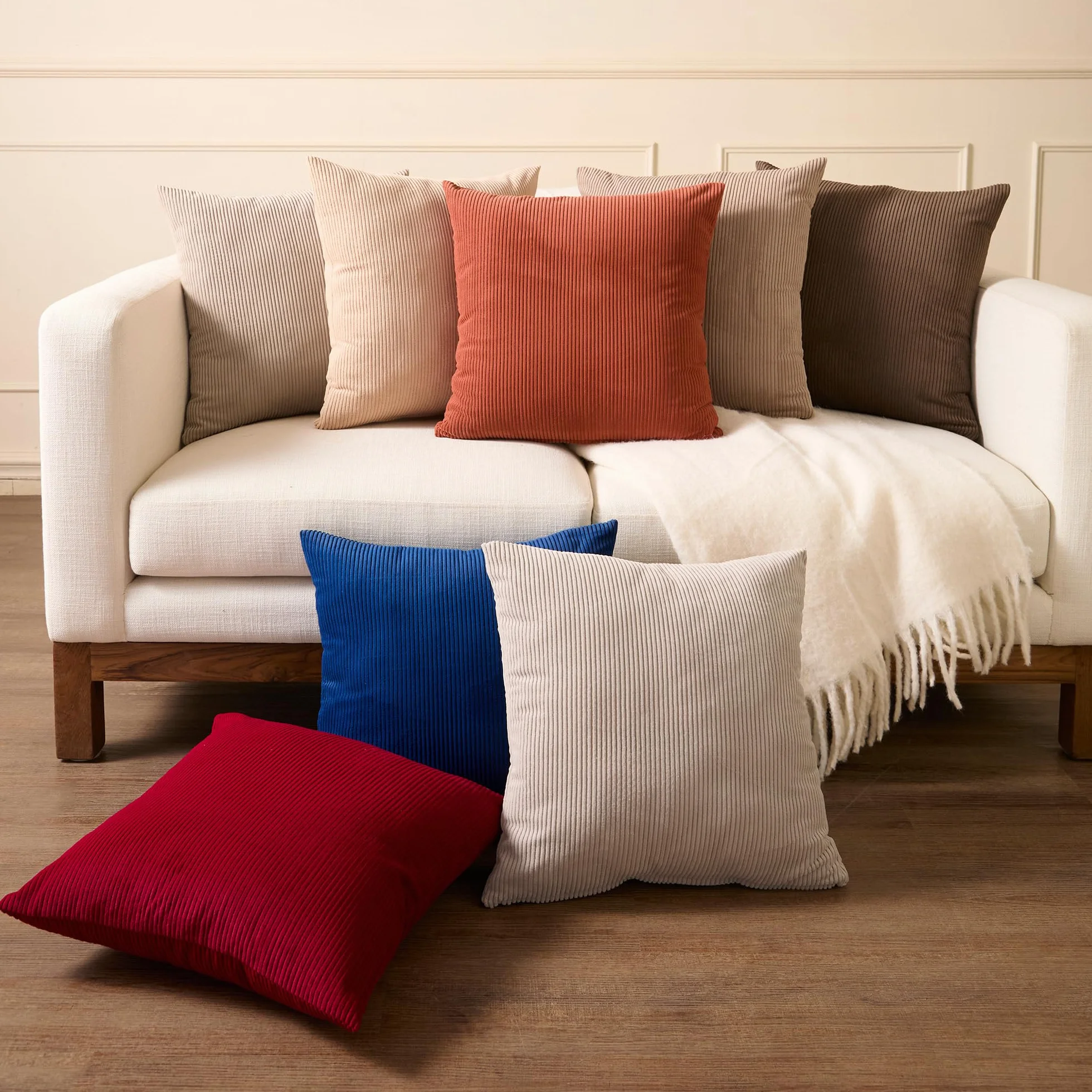 Encasa XO Fundas de Almohada de Pana 45x45 cm Rayas Bohemias Beige