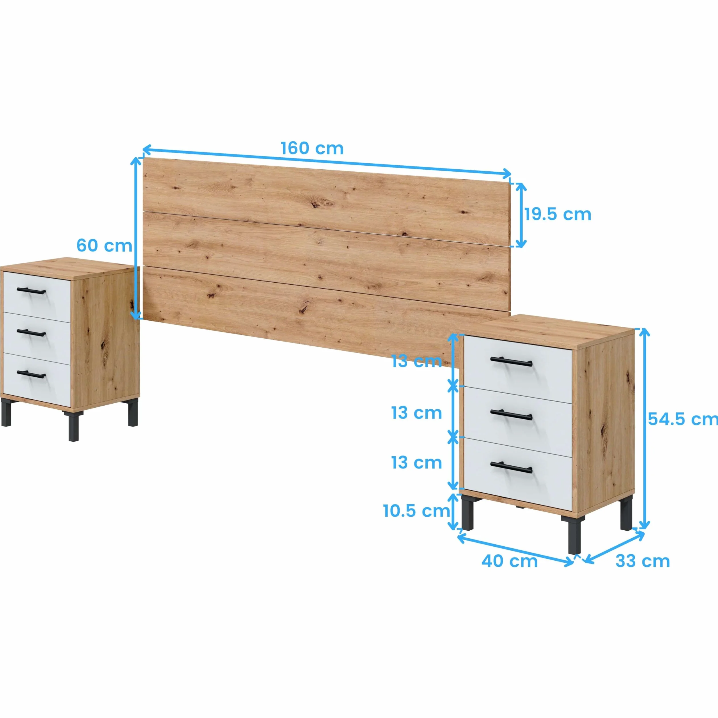 Miroytengo Cabecero con Mesitas de Dormitorio Estilo Nórdico en Color Roble Nodi y Blanco Artik con 3 Cajones 240x101x33 cm