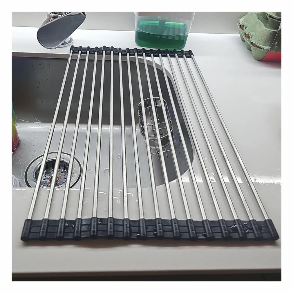 Escurridor de platos enrollable para colocar sobre el fregadero, ideal para la encimera de la cocina. Alfombrilla plegable para escurrir platos sobre el fregadero. Escurridor plegable de acero inoxid