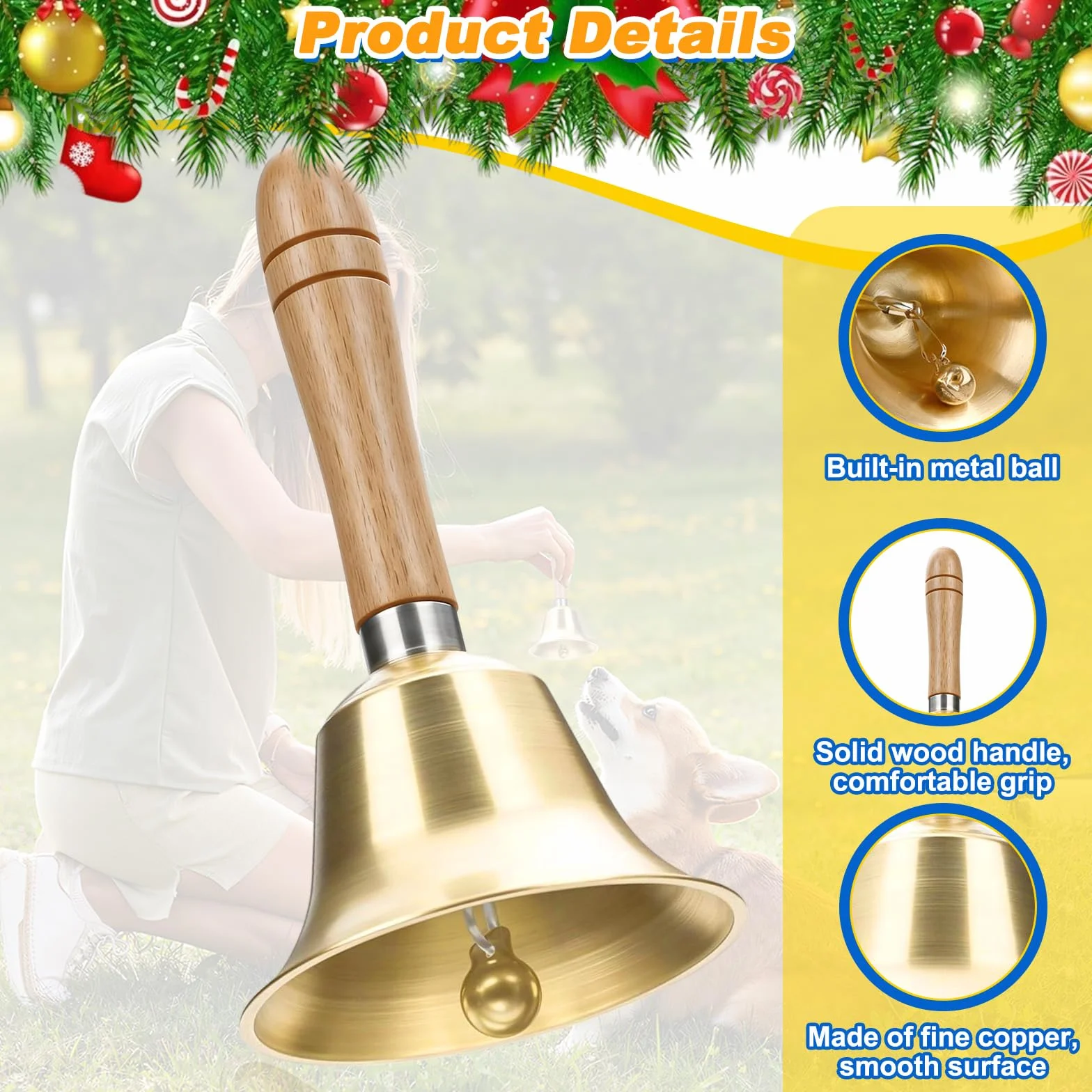 Campana Mano Súper Ruidosa con Mango Madera, Campanas Servicio Atención Metal Clásicas, Cascabeles Papa Noel Campanilla Navidad Latón para Escuela, Recepción Cena, Hotel, Decoración Hogar (Oro)