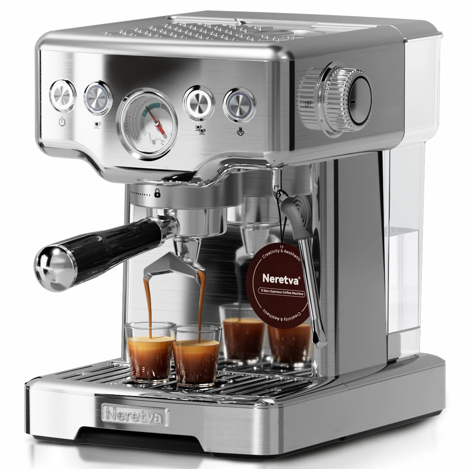 Neretva Cafetera, Cafetera Espresso Profesional Con Manómetro Visible 1450W de Acero Inoxidable Depósito de 1,8L & Vaporizador Coffee Machine Doméstica 15 Bar - Espresso/Latte/Cappuccino/Machiato