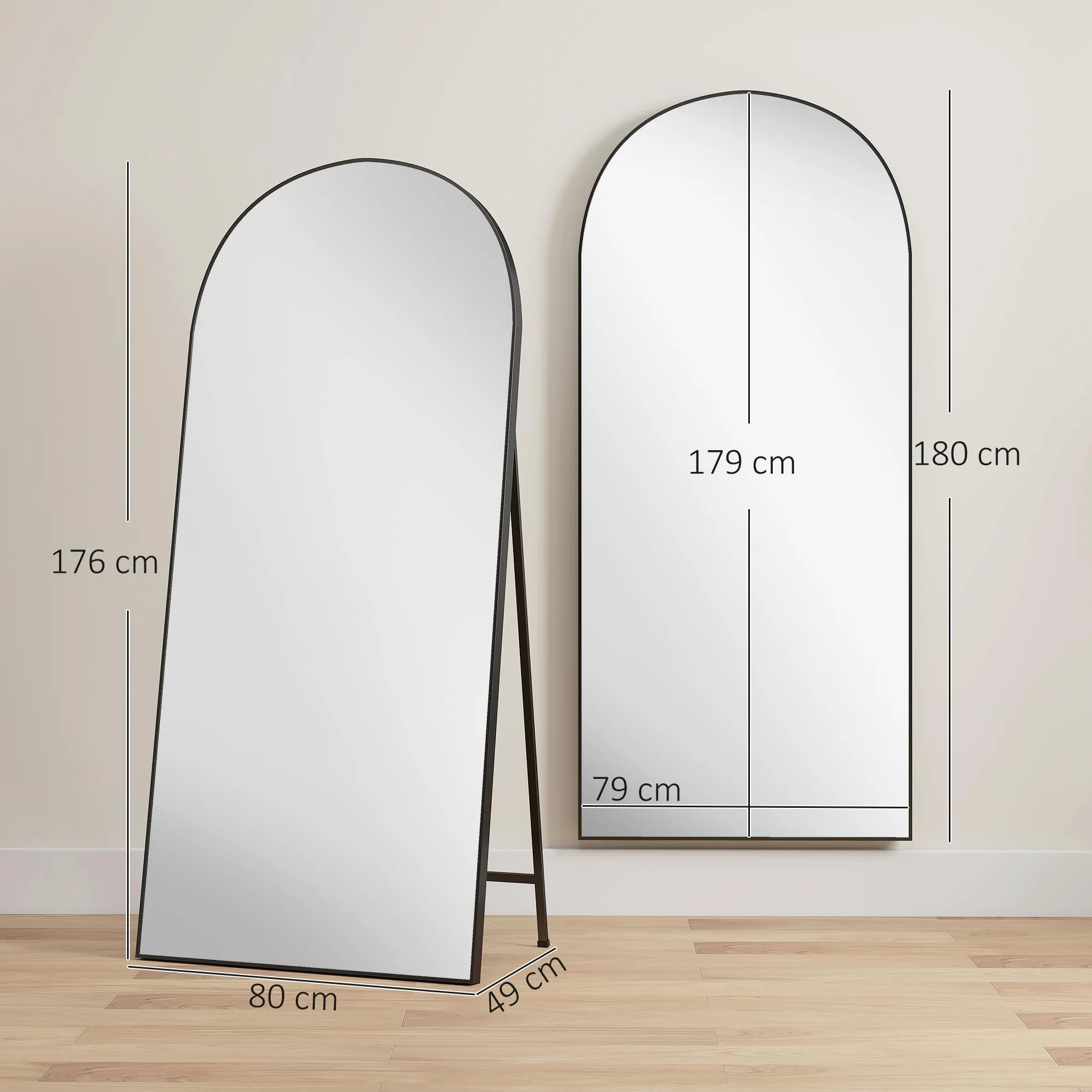 HOMCOM Espejo de Cuerpo Entero, 180x80 cm, Espejo de Pie Arqueado, Marco de Aluminio Negro, Independiente, Apoyado y de Pared, para Dormitorio, Salón