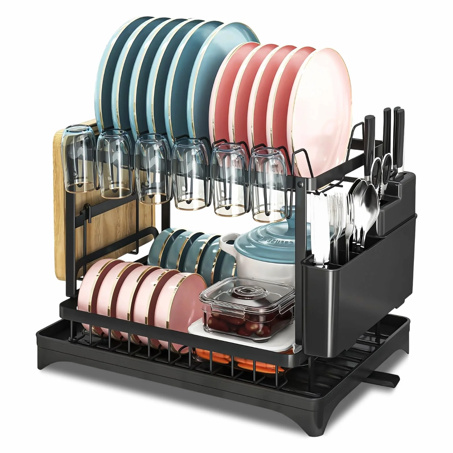 Escurridor de Platos, Soportes para Platos de 2 Niveles, con Drenaje Automático, Soporte para Utensilios, Estante de Dish Escurreplatos Cocina, 42×29×29cm, Negro