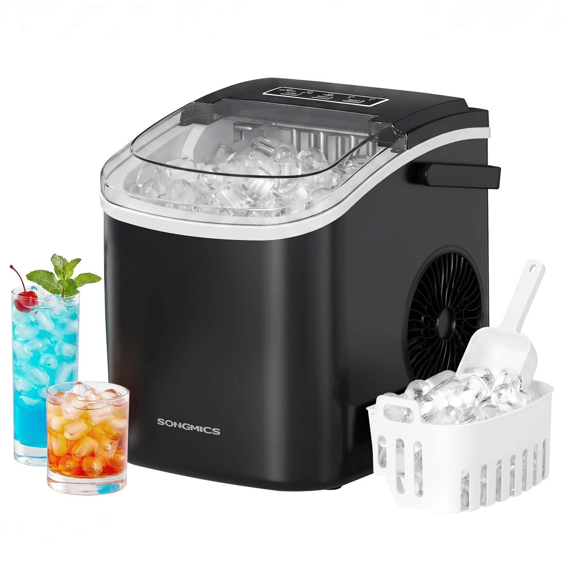 SONGMICS Máquina de Hielo, Máquina de Cubitos Autolimpiante, 9 Cubitos en 6 Minutos en 2 Tamaños, 12 kg en 24 Horas, Portátil, Casa, Cocina, Oficina, Fiestas Camping, Negro Tinta XZB001B1EU