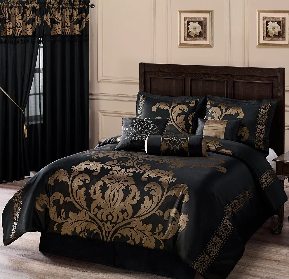 Chezmoi Collection Royale-Juego de edredón de 7 Piezas, Poliéster, Negro/Dorado, Rey