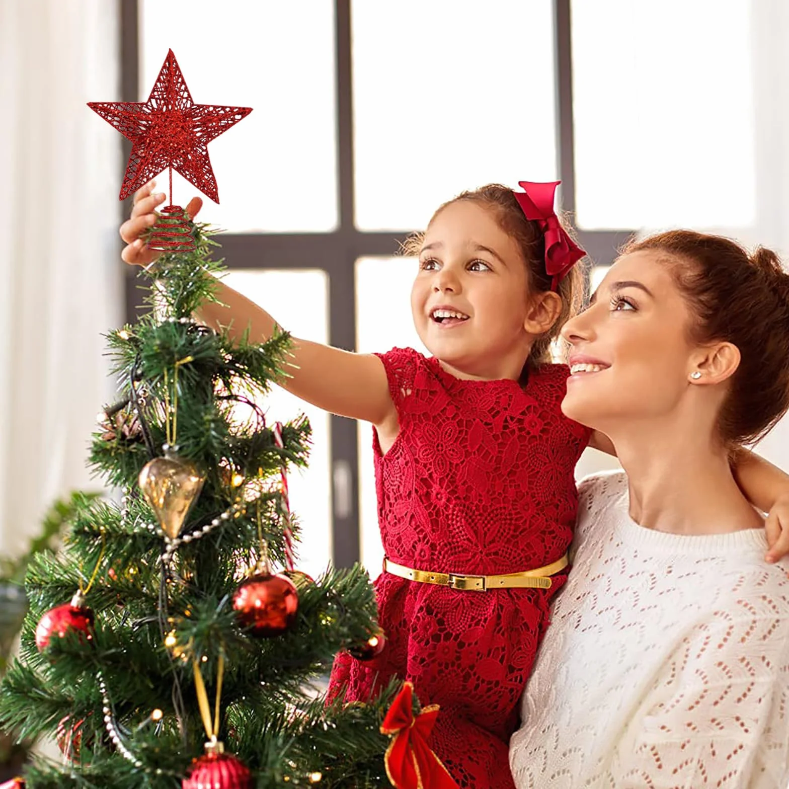 Decoración de metal rojo para árbol de Navidad con purpurina para árbol de Navidad, decoración del hogar