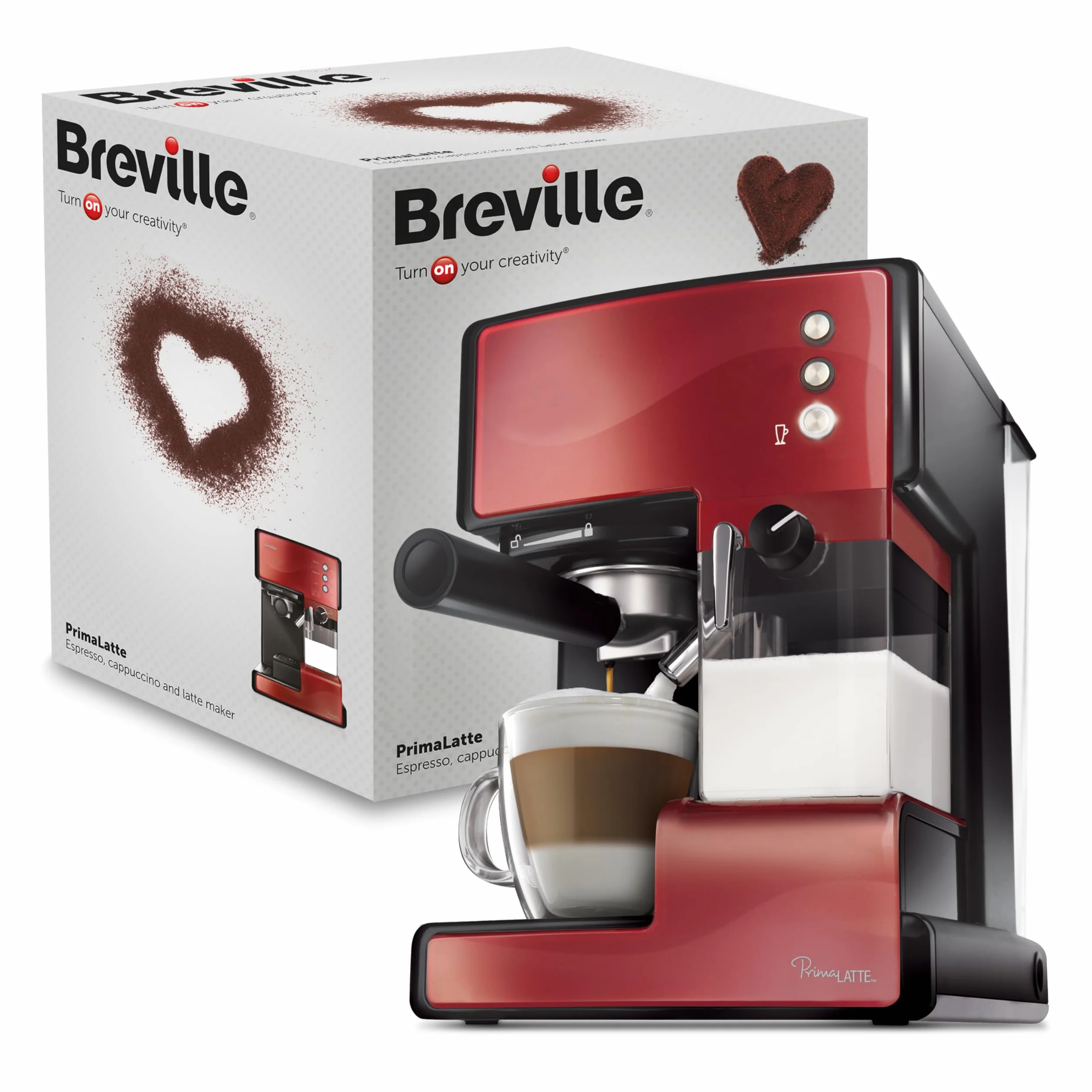 Breville PrimaLatte Cafetera para espressocappuccino y latte | Bomba italiana con 15 bar | Adecuado para café molido y monodosis | Depósito para tratamiento de leche integrado | Metálico/Rojo