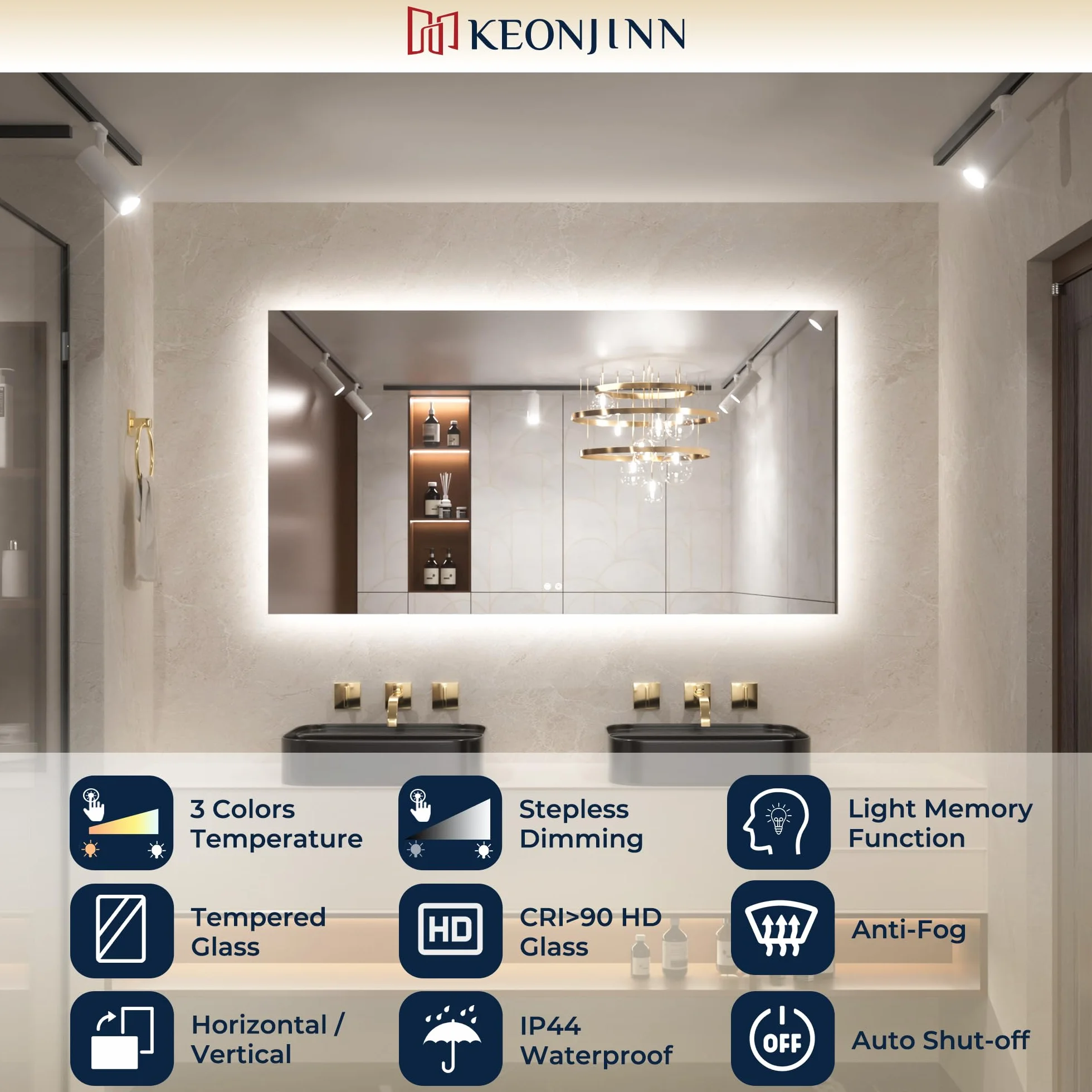 Keonjinn Espejo de baño con luces LED, 60 x 90 cm, espejo de baño rectangular iluminado con luz retroiluminada, espejos de tocador antivaho montados en la pared, 3 colores regulables, función de