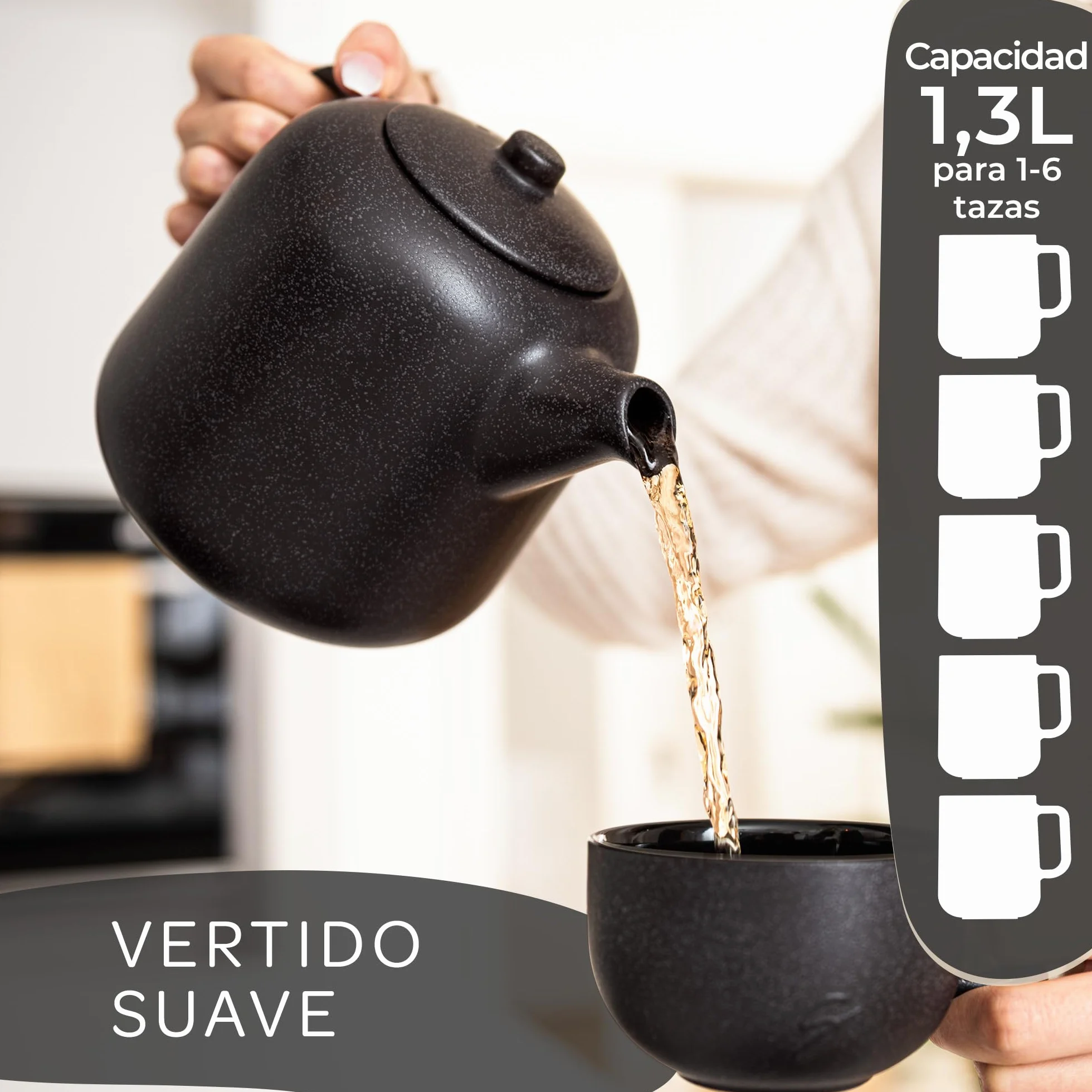 STEINZEIT Tetera de cerámica negra 1,3 L con colador de acero inoxidable 304