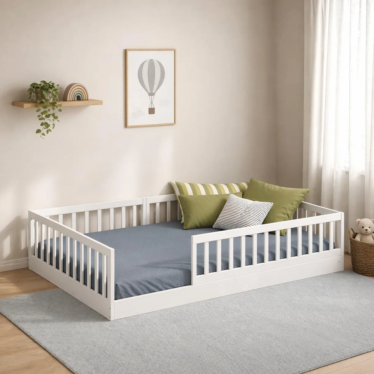 CADANI Timi 2en1 Cama Infantil al RAS del Suelo 120x200 cm Montessori con Barrera anticaída Desmontable, Incluye somier, Pino Macizo, Blanco - 3 Variantes de Montaje, hasta 200 kg, Convertible