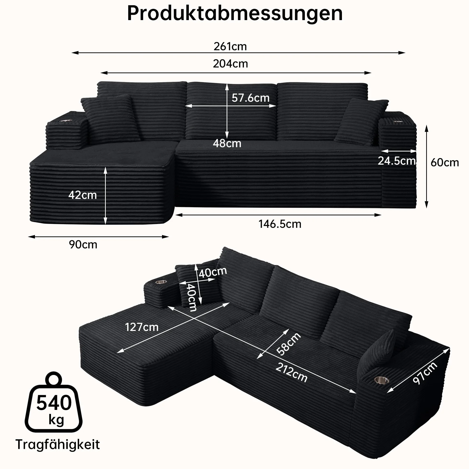 Sofa Modular sofás Comprimidos al vacío, Sofa Cama Chaise Longue 102 inch/261cm Sofá de Suelo Modular sin Estructura con Función de Dormir, Sofá para Salón o Apartamento, Negro