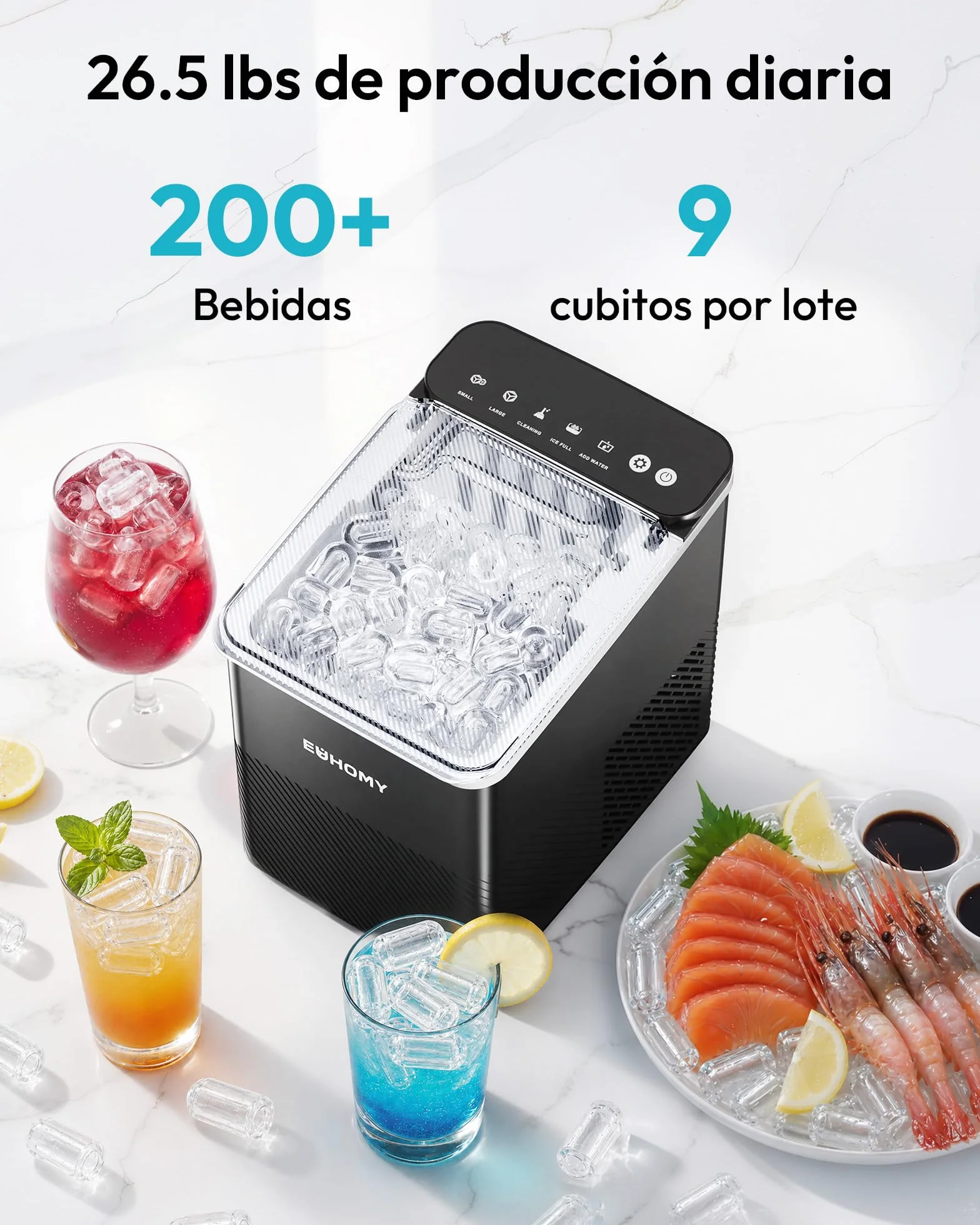 EUHOMY Máquina de hielo compacta, 9 cubitos, 2 tamaños, limpieza automática, negro