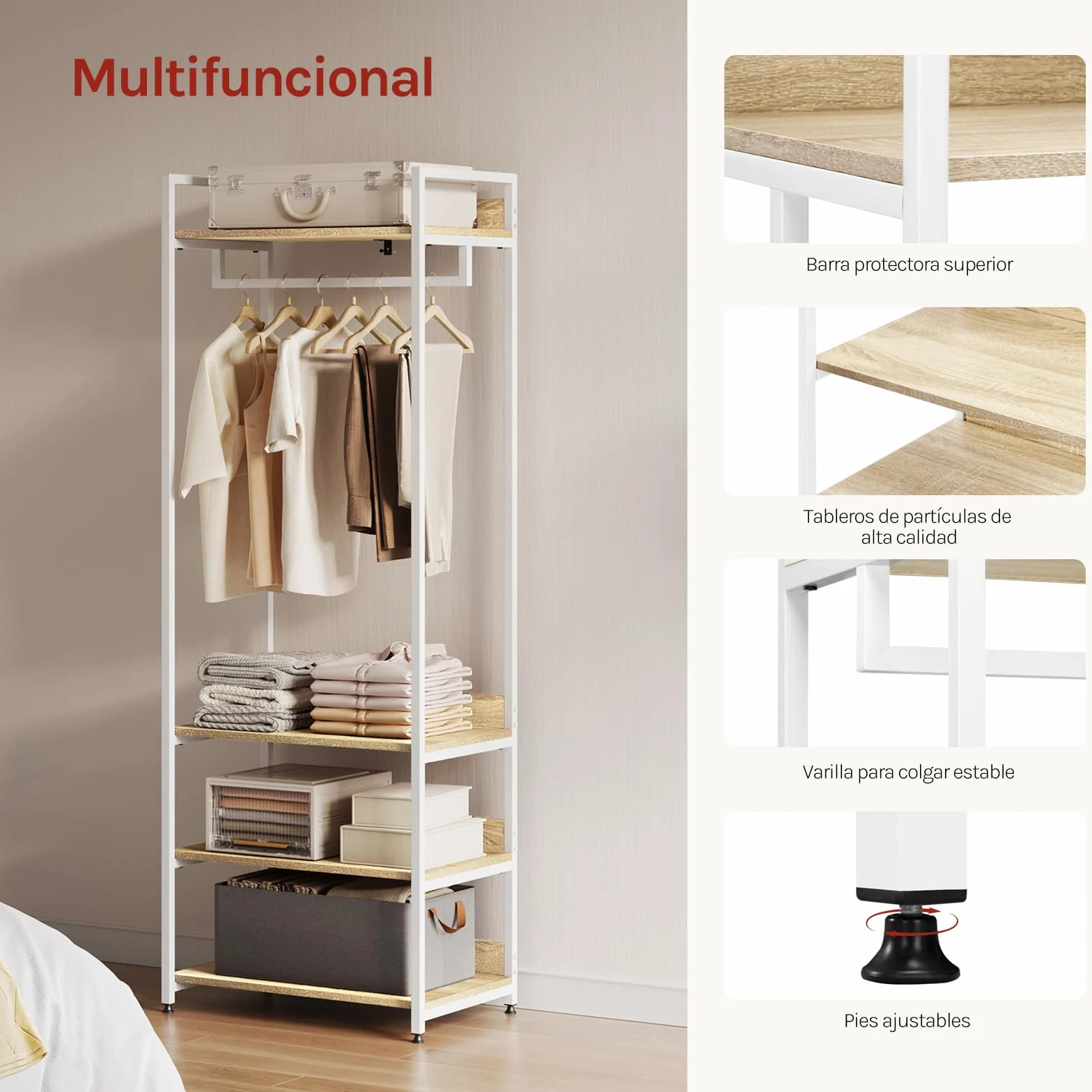 WOLTU Perchero Ropa Armario Burro Zapatero con 3 Estante Multiusos Fuerte Metal y Madera de Estilo Industrial