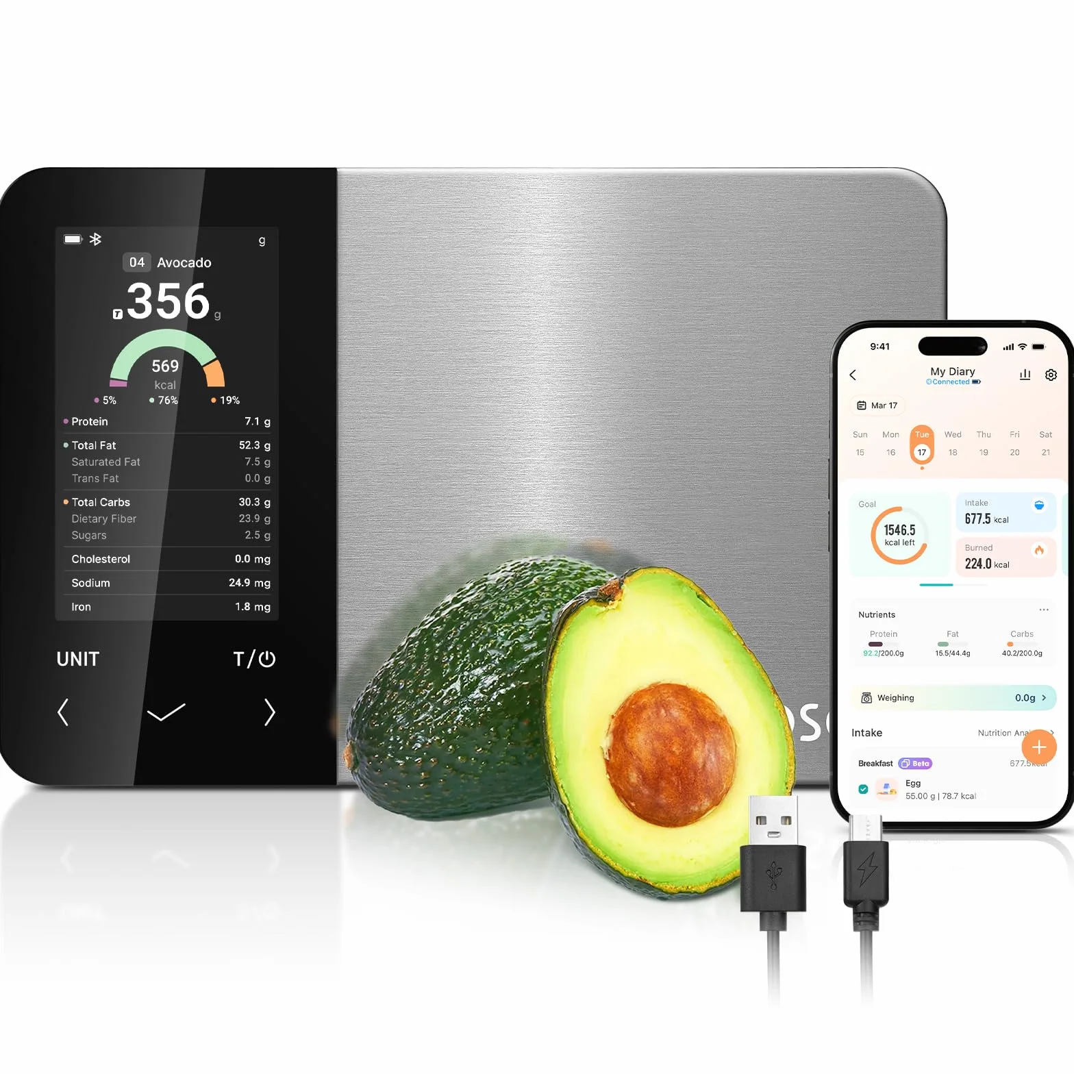 Cosori Báscula inteligente de alimentos de cocina, aplicación gratuita con amplia base de datos de alimentos del Reino Unido, báscula de conteo de calorías premium, pantalla a color transparente
