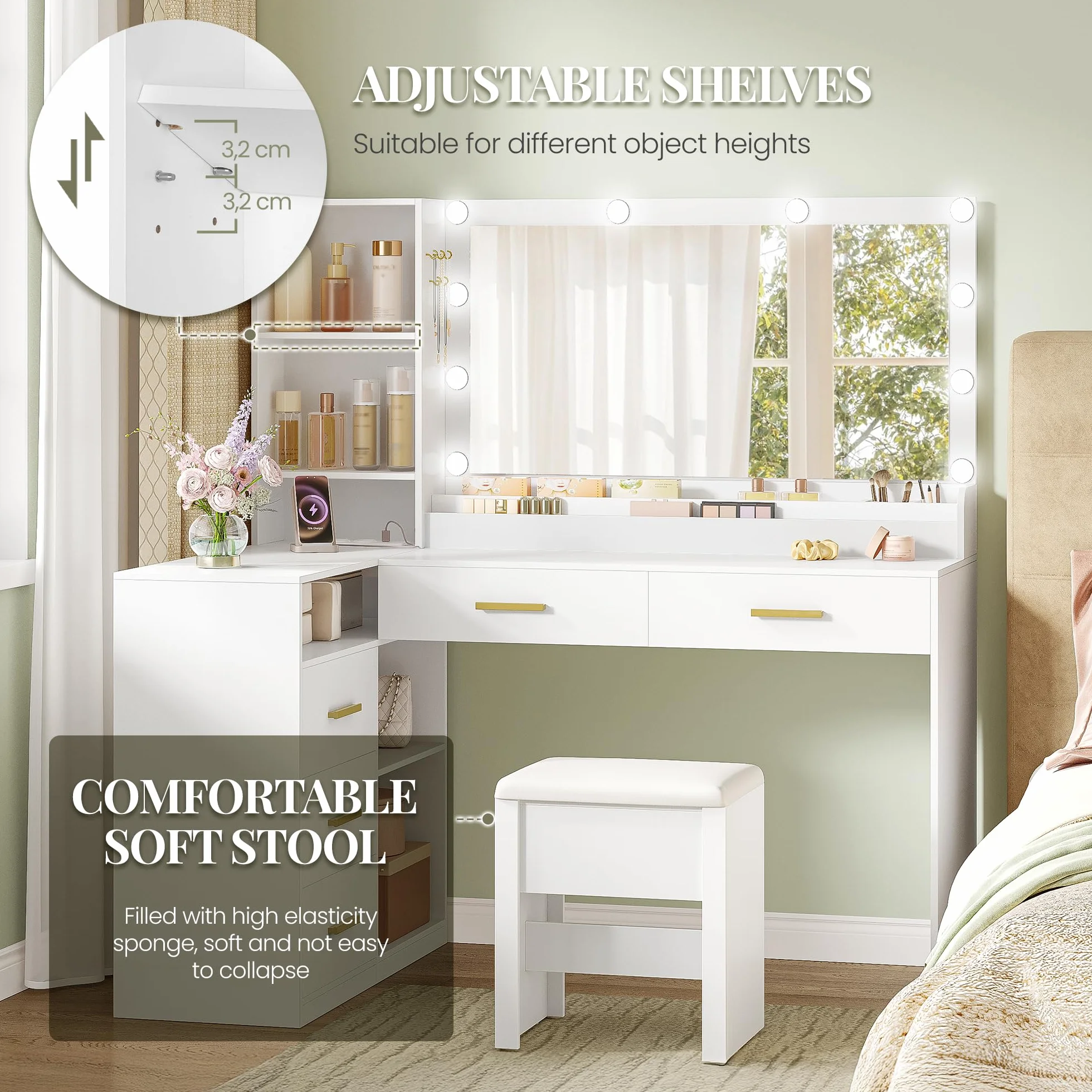 HEXCELEN Tocador de Maquillaje con Espejo LED, Brillo Ajustable, Mesa de Maquillaje con Toma de Corriente, Tocador con Taburete, 5 Cajones, Estantes de Almacenamiento, 40 × 120 × 139 cm, Blanco