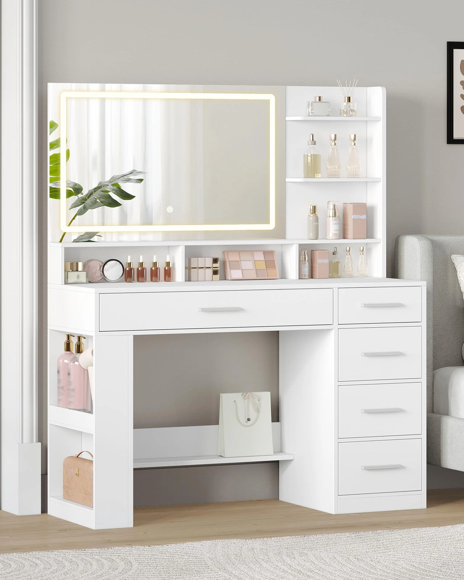 Hzuaneri Tocador con Espejo HD Grande, tocador de Maquillaje con luz LED, 6 Compartimentos Abiertos, 5 cajones y Espacio de Almacenamiento Lateral, 40 x 108 x 138 cm, Blanco DT44003XEU
