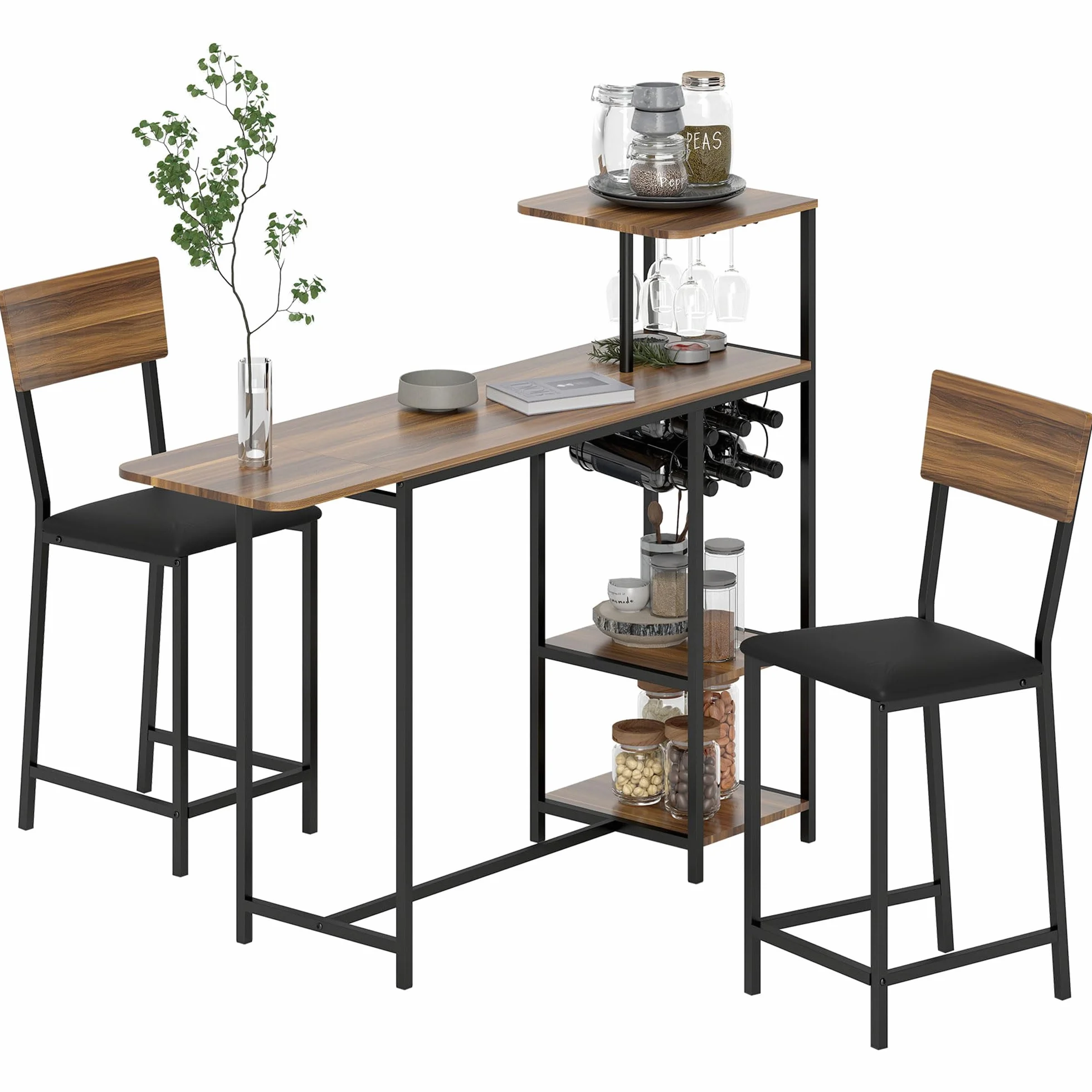 HOMCOM Juego de Mesa y Taburetes de Bar Mesa Alta de Cocina con 2 Taburetes Laterales Abatibles Soporte para Vinos y Estantes Estilo Industrial Marrón y Negro