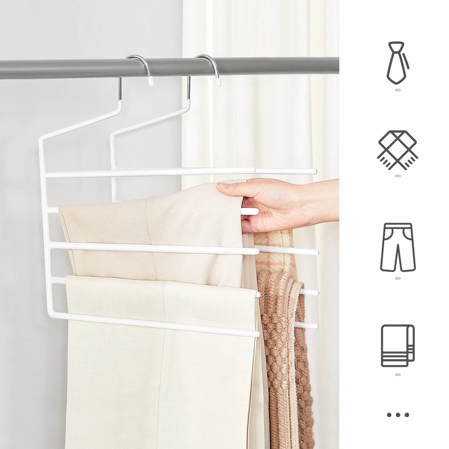 SONGMICS Percha para Pantalones múltiple, Paquete de 4, Percha Abierta, Ahorra Espacio, Organizador Antideslizante, Resistente con 5 Barras para Vaqueros, Toallas y Bufandas, Blanco CRI034W02