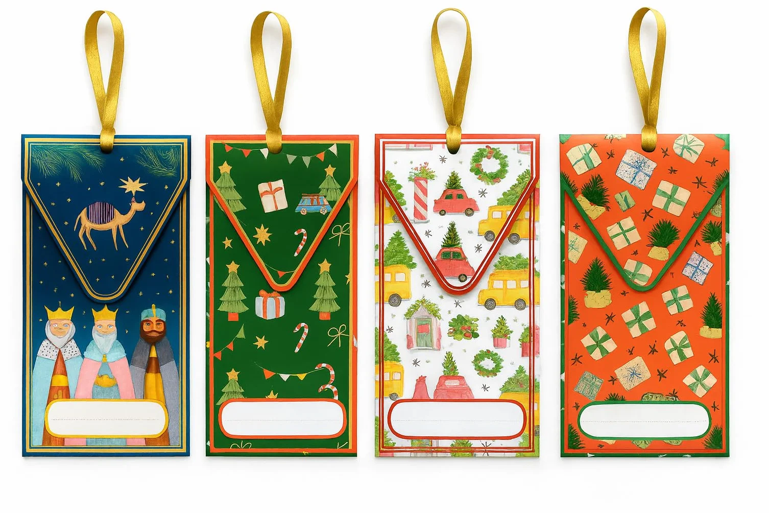 Billeteros navideños para regalar dinero efectivo, Pack de 8 sobres con cinta dorada, 4 diseños doble unidad