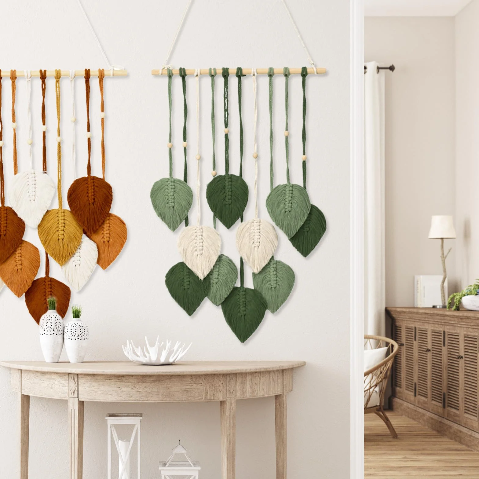 Tapiz Bohemio Hecho A Mano Decoración De Pared 2PCS Colgante Tejido Con Plumas Hojas Y Cuentas De Madera