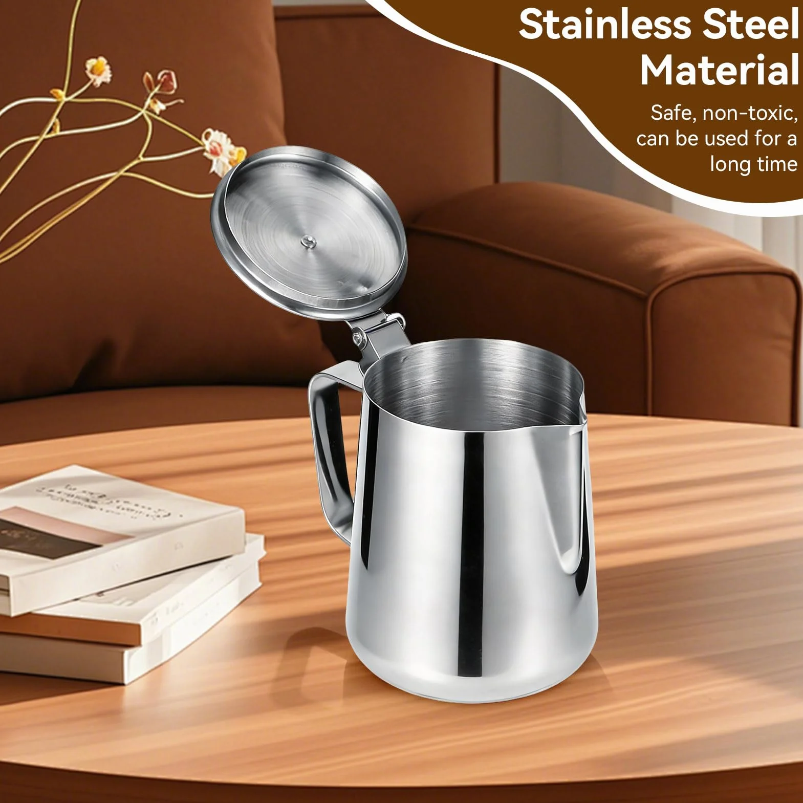 Jarra de leche con tapa, 600 ml/1000 ml, jarra de leche de acero inoxidable, jarra de espuma de leche con mango para café con leche, número de referencia (600 ml)