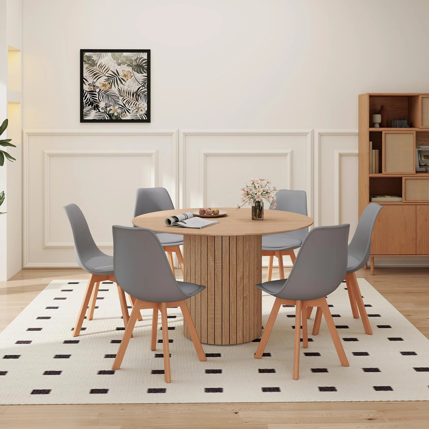 Mesa de Comedor Redonda de 120 cm con 6 Sillas de Comedor, Juego de Comedor, Mesa de Cocina con Base de Madera, Sillas de Cocina de Plástico, Marrón Claro + Gris
