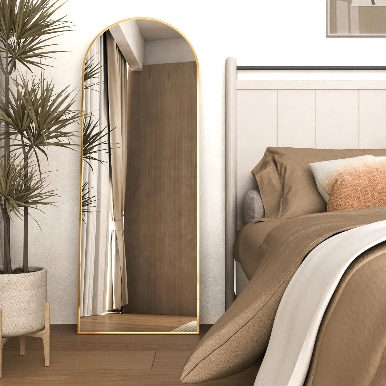 Arqueado Espejo de Cuerpo Entero, 162X53cm Espejo de Suelo arqueado con Soporte, Espejo de Pared Grande, Dorado Colgado de pie o apoyado contra la Pared para Entrada de Dormitorio