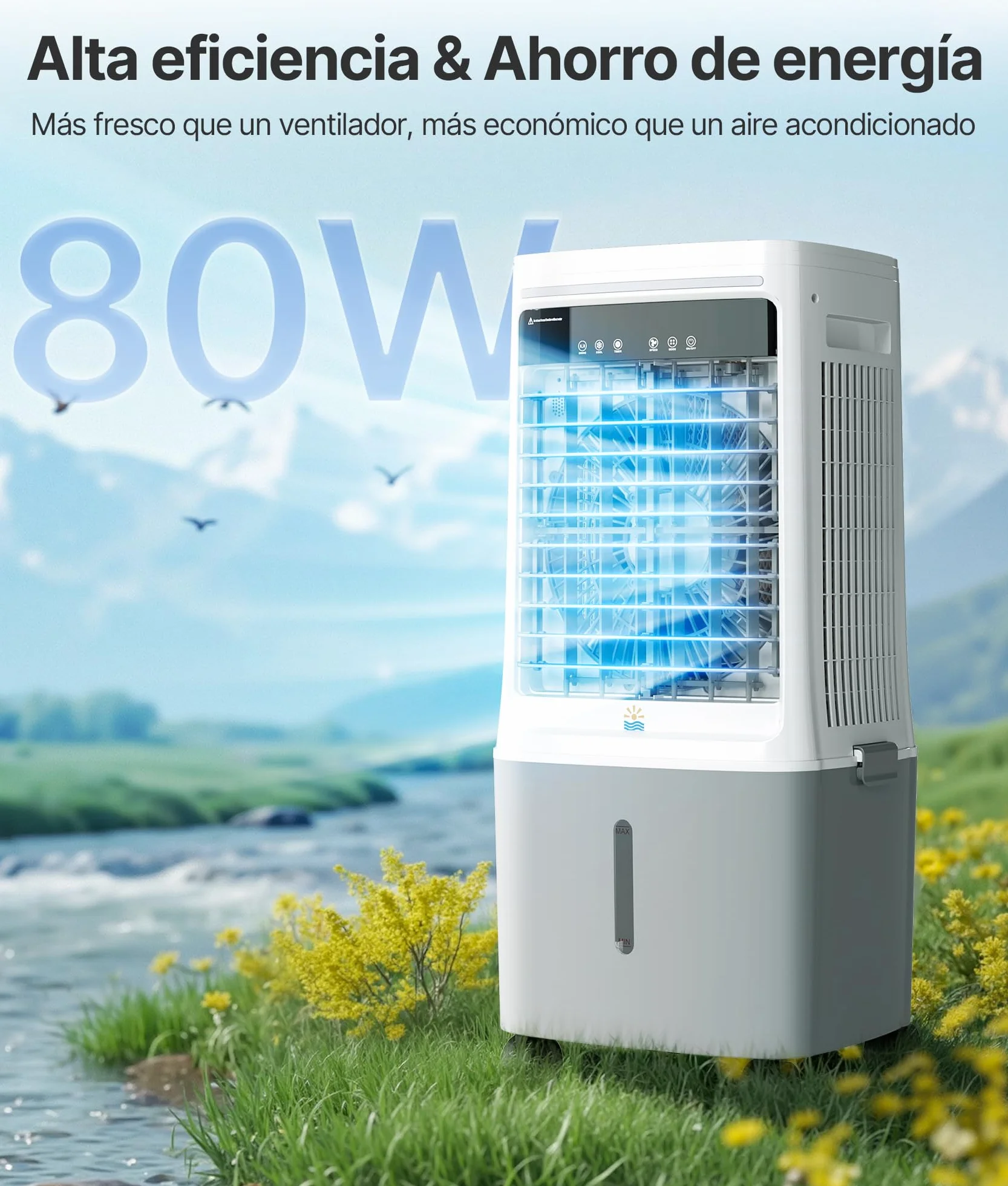 Enfriador de Aire Portátil 25L con Agua - Alternativa al Aire Acondicionado Portatil, Climatizador Evaporativo Portátil Oscilación 80°, Mando, Temporizador 12H, Blanco