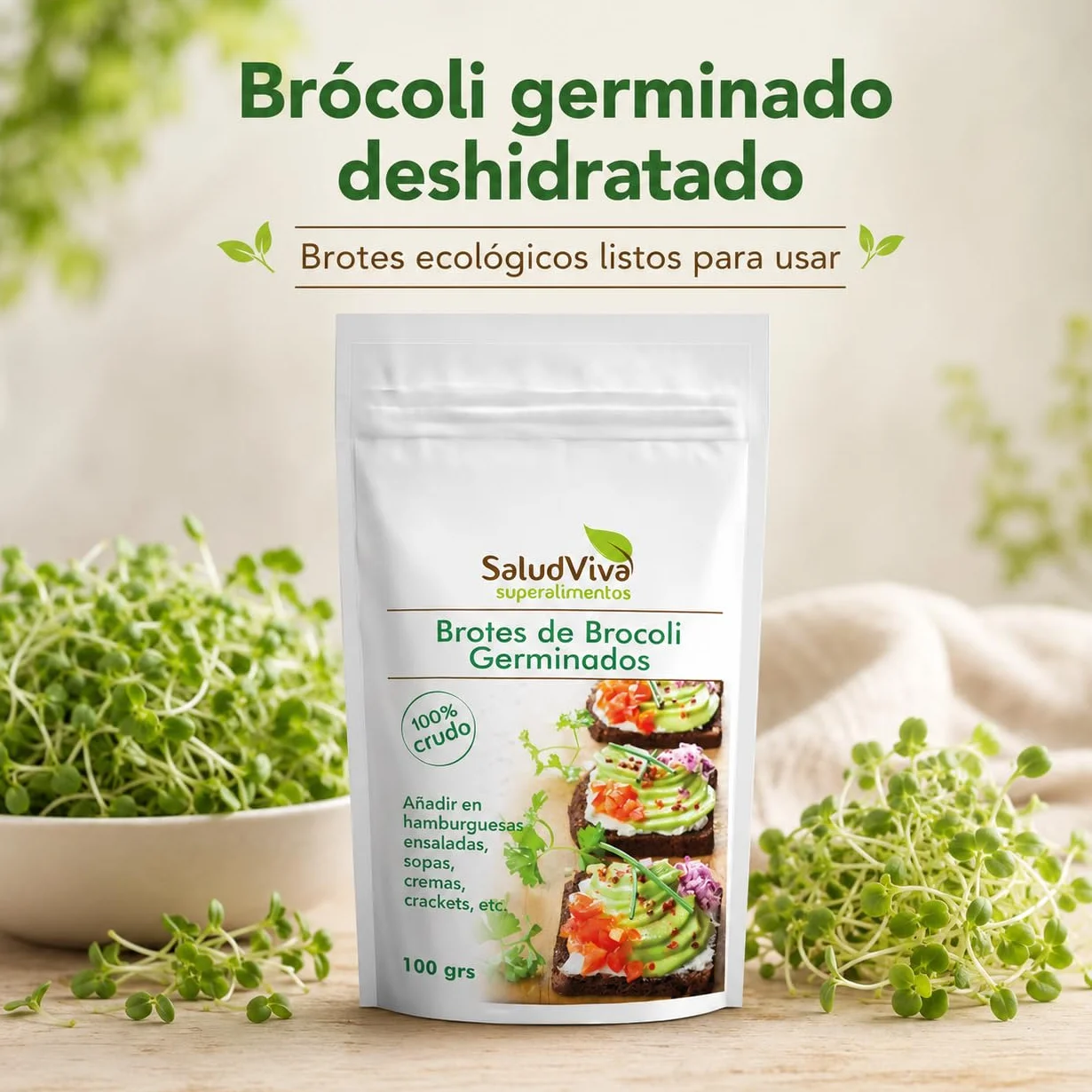 Salud Viva Brócoli Germinado Deshidratado Eco 100 g brotes de brócoli germinados alto en fibra fuente de proteínas