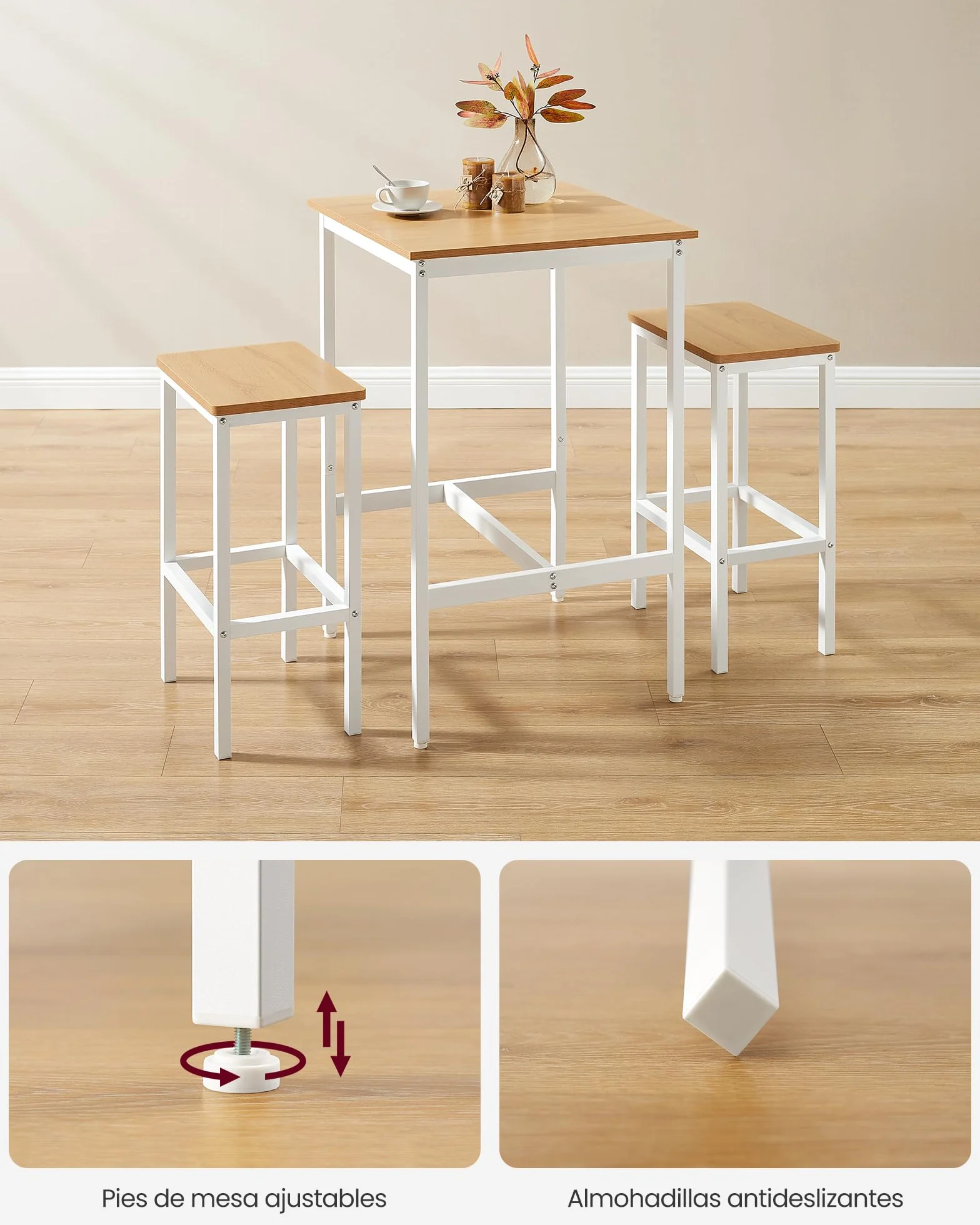 VASAGLE Mesa de Bar con 2 Taburetes, Comedor Cocina, Roble Dorado y Blanco Nube LBT017W09