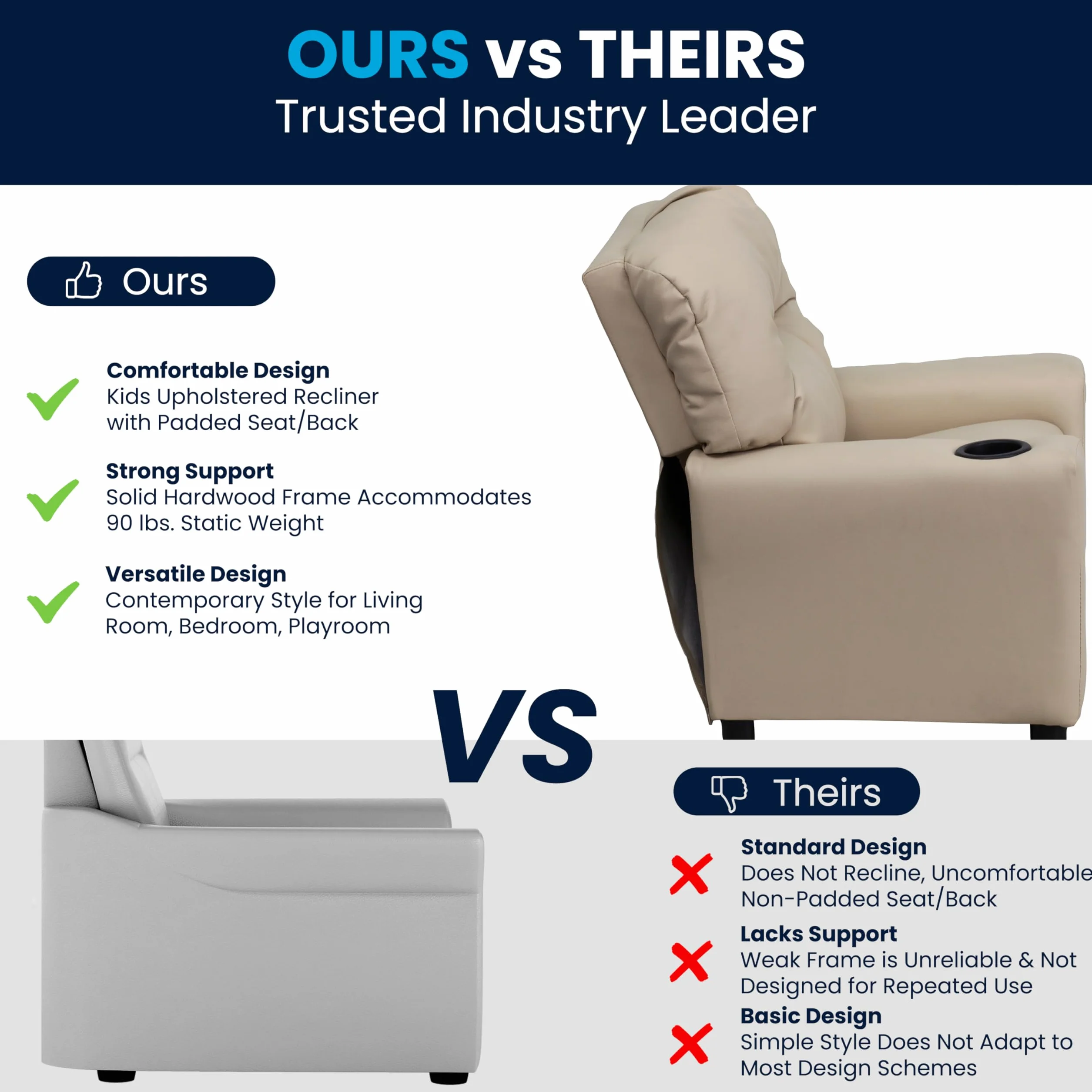 Flash Furniture Sillón reclinable Chandler de Vinilo para niños con portavasos, admite hasta 90 lbs, Beige