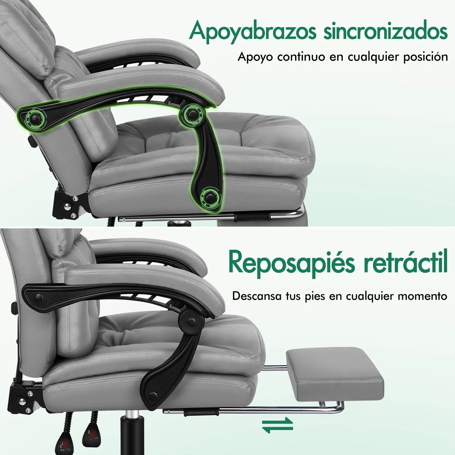 ALFORDSON Silla Oficina Ejecutiva Ergonómica Reclinable con Reposapiés, Cuero PU Gris