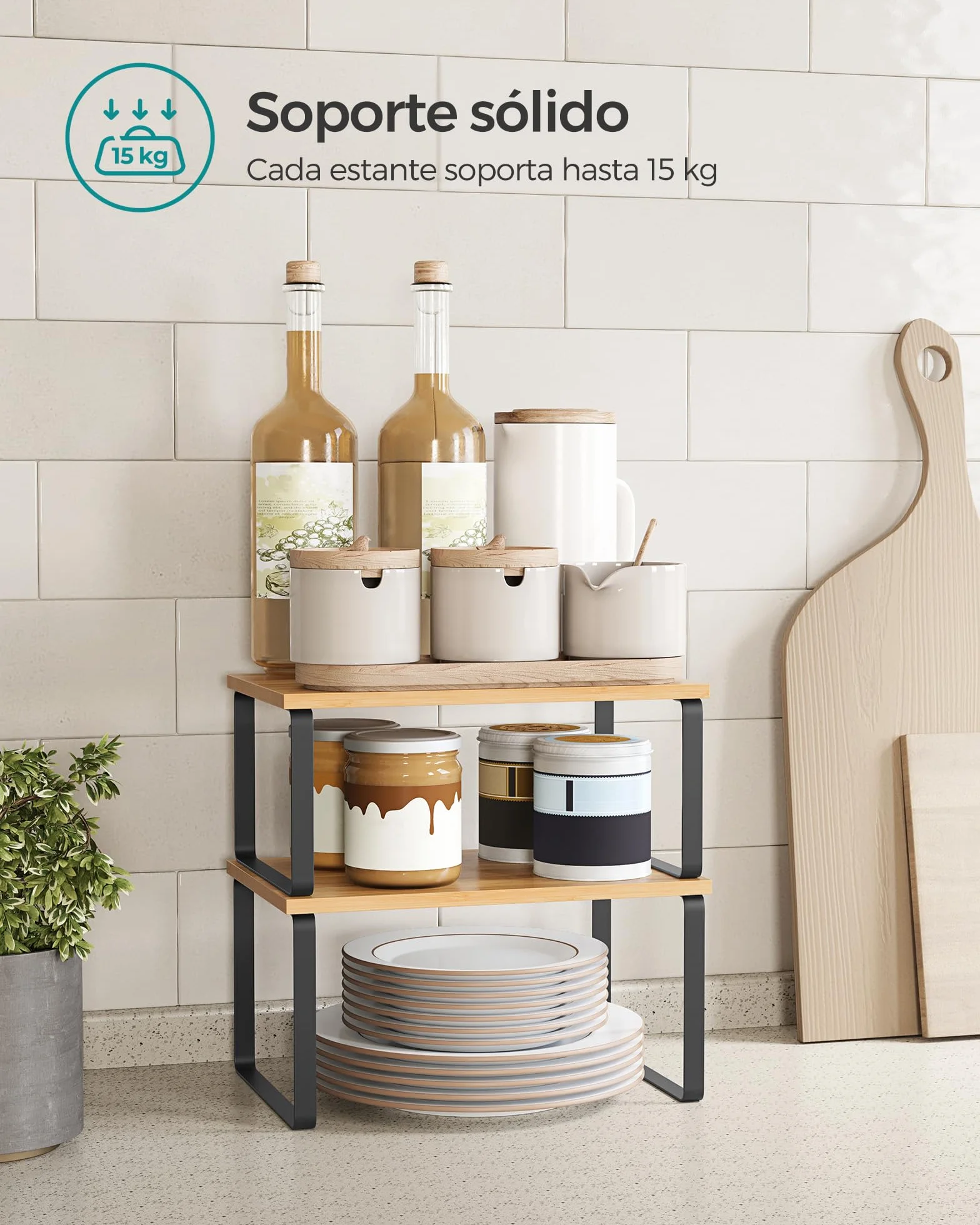 SONGMICS Estante para Especias Extensible de Metal y Madera, Juego de 2, Negro Tinta y Beige Natural KCS02NB